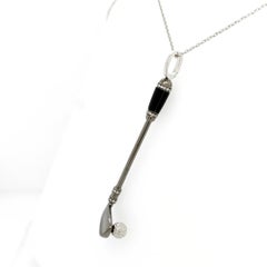 18K White Gold Golf Racket Diamond Pendant Necklace with Onyx