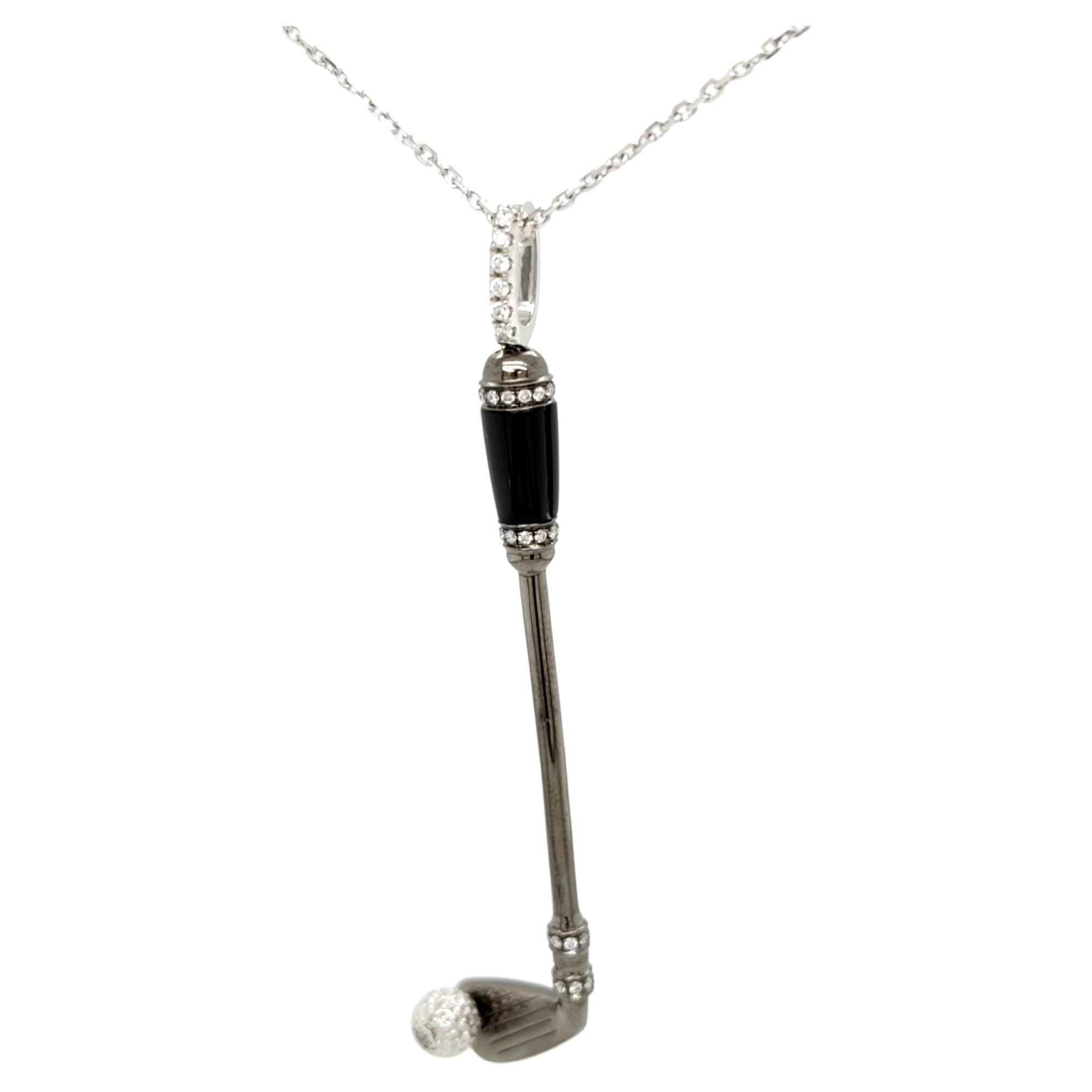 18K White Gold Golf Racket Diamond Pendant Necklace with Onyx For Sale