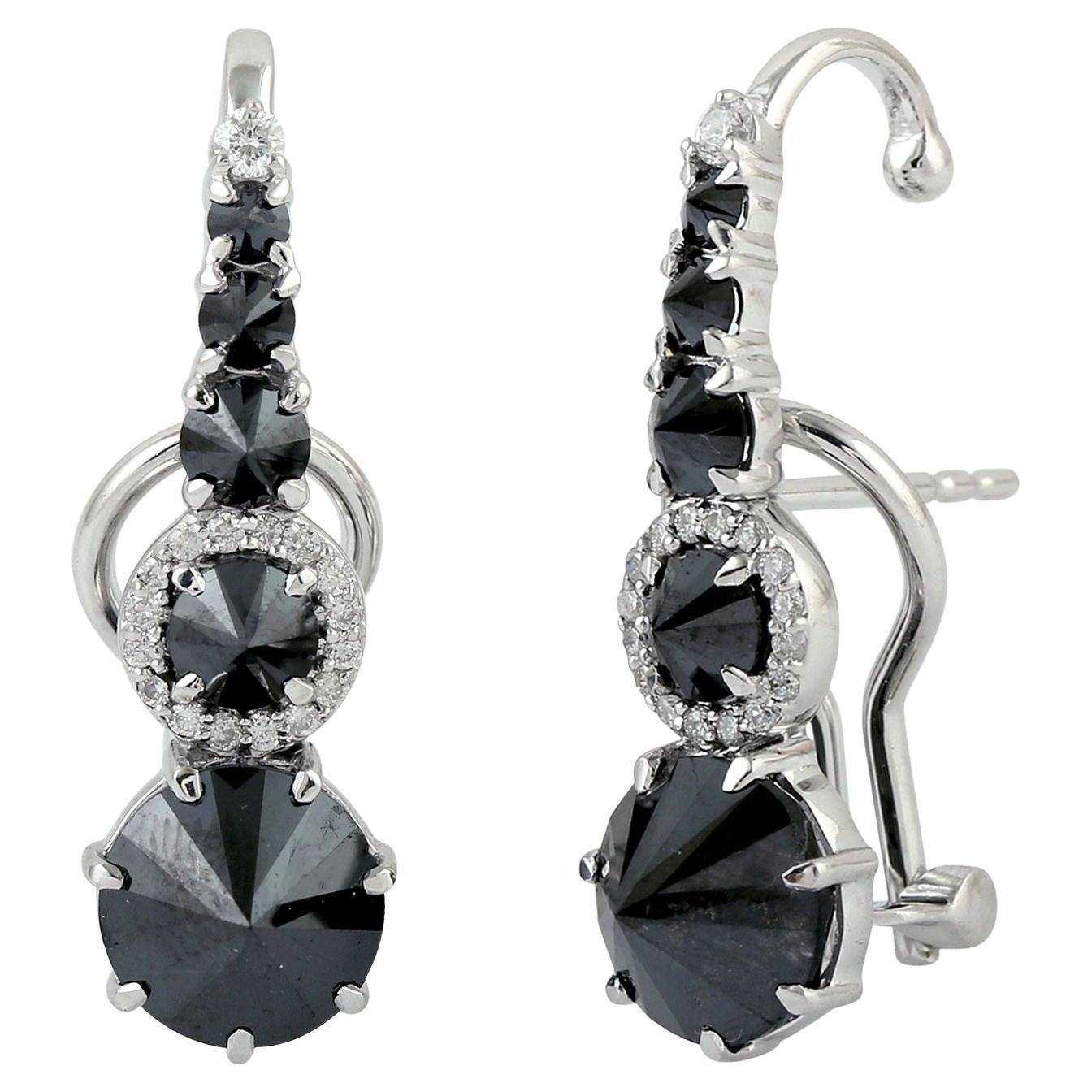 18K White Gold Graduated Black Diamond Halo Drop Earrings For Sale