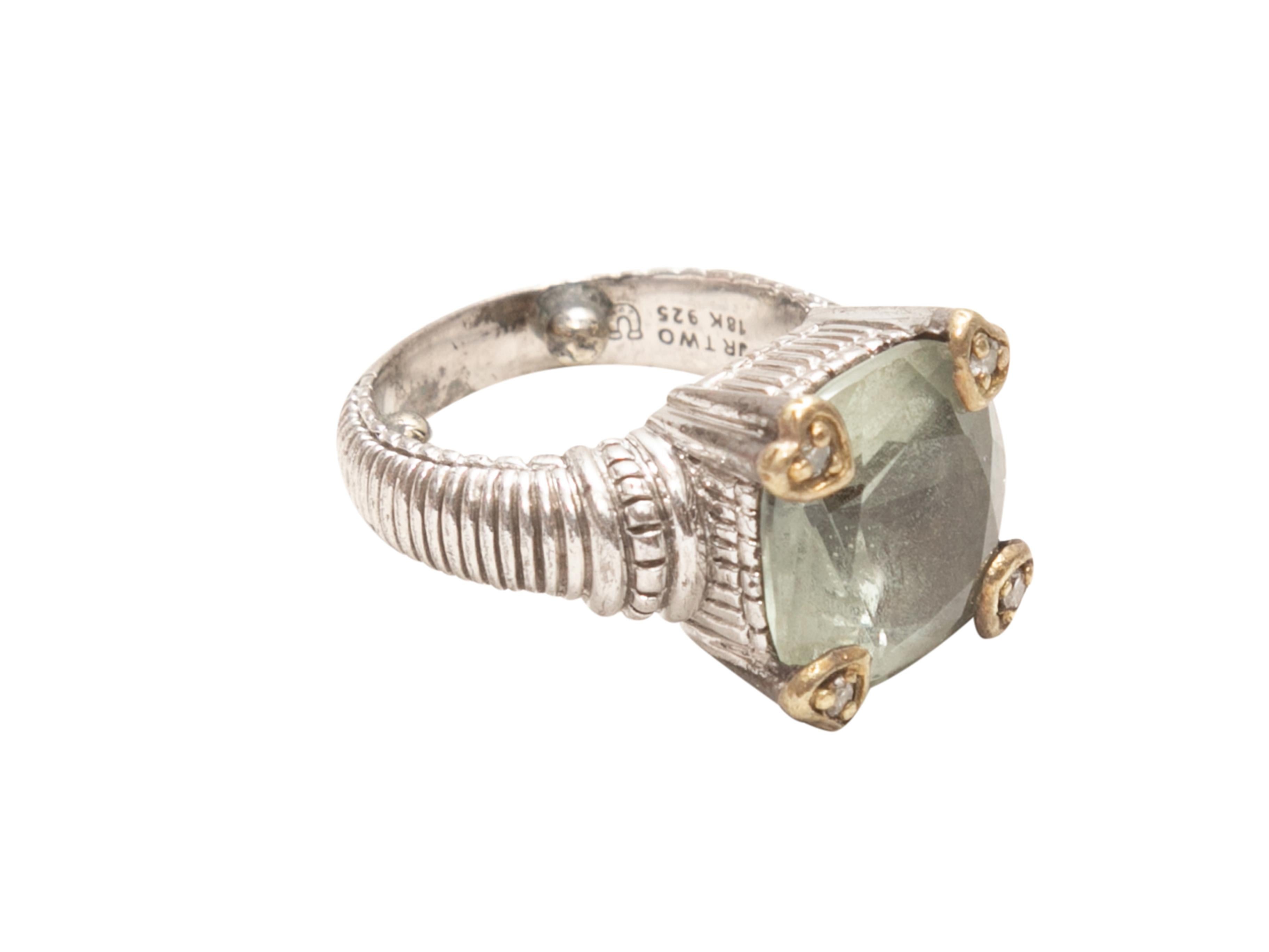 18K white gold and green amethyst ring by Judith Ripka. Pave diamonds at setting. 1
