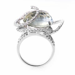 18 Karat White Gold Green Amethyst and Swirled Diamonds Ring CRR8141