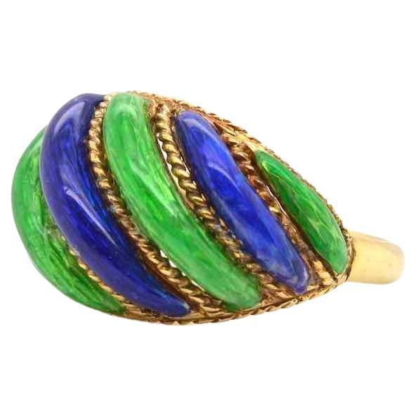 18k white gold, green and blue enamel ring