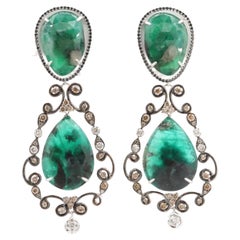 18K White Gold Green Beryl and Diamond Earrings with Black Diamonds
