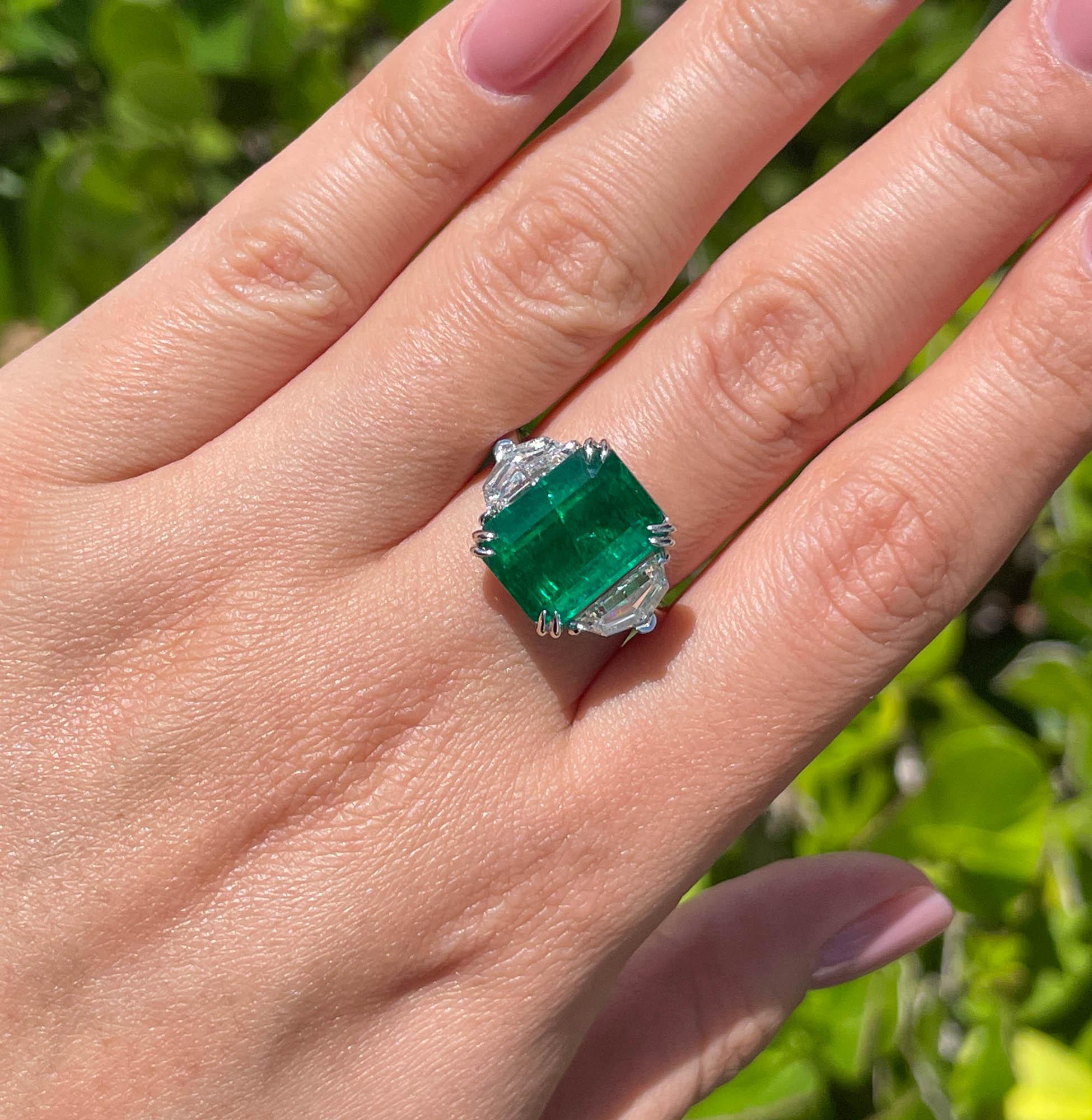 Emerald Cut 18k White Gold Green Emerald and Diamond Three Stone Engagement Right Hand Ring
