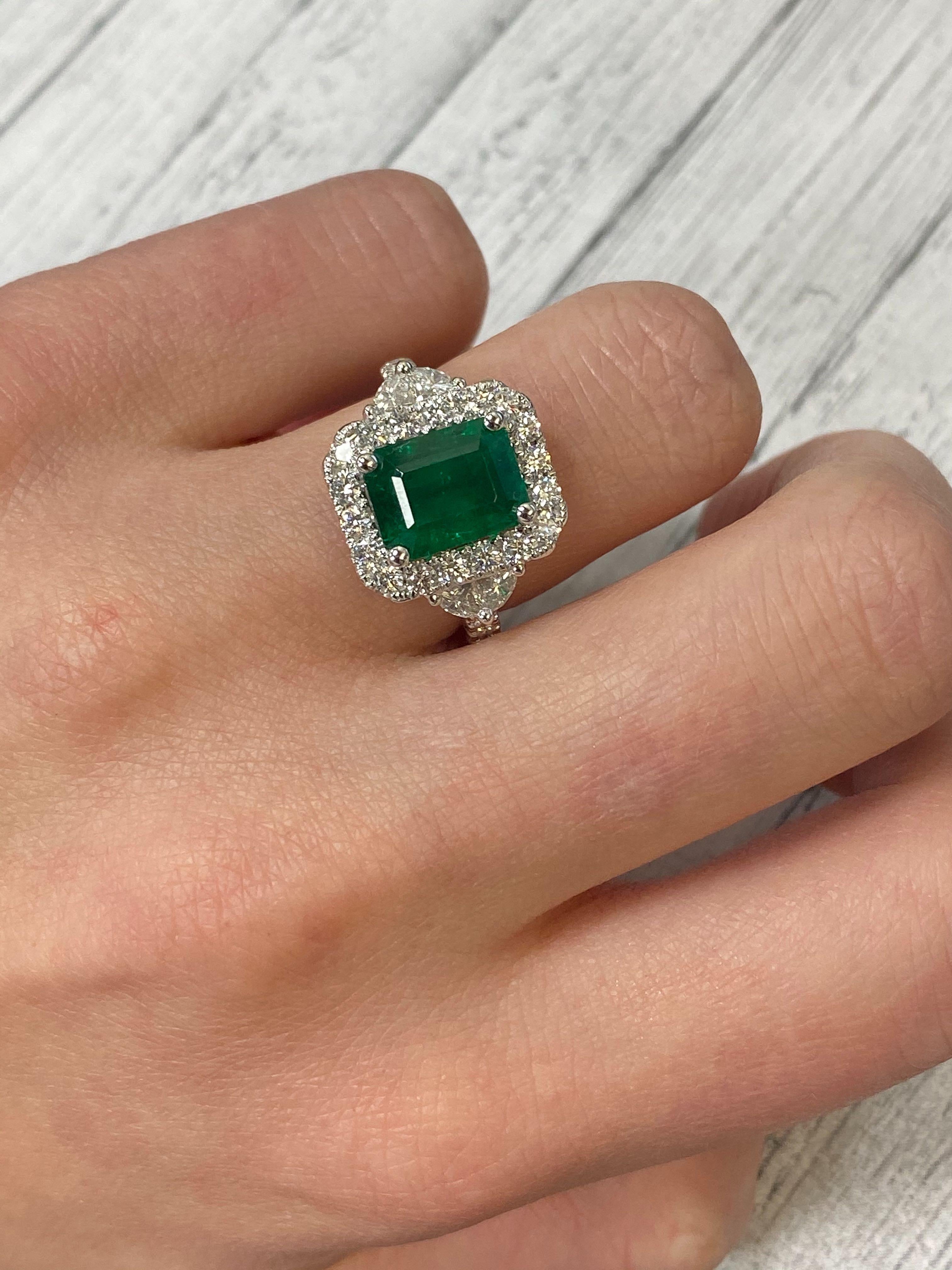 Emerald Cut 18 Karat White Gold Green Emerald Diamonds Engagement Ring