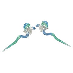 18K White Gold Green Garnet & Sapphire Snake Earrings with Diamonds
