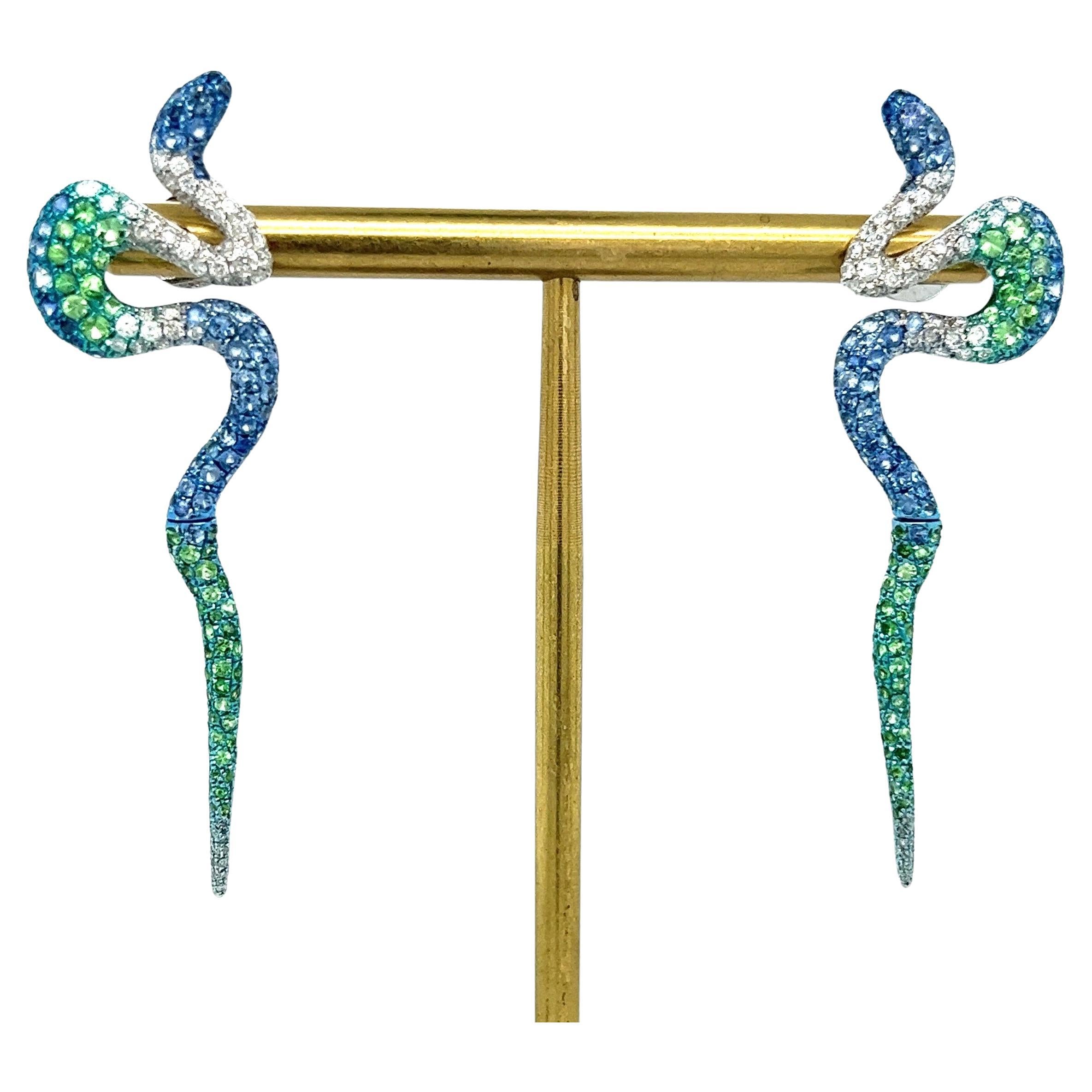 Modern 18K White Gold Green Garnet & Sapphire Snake Earrings with Diamonds For Sale