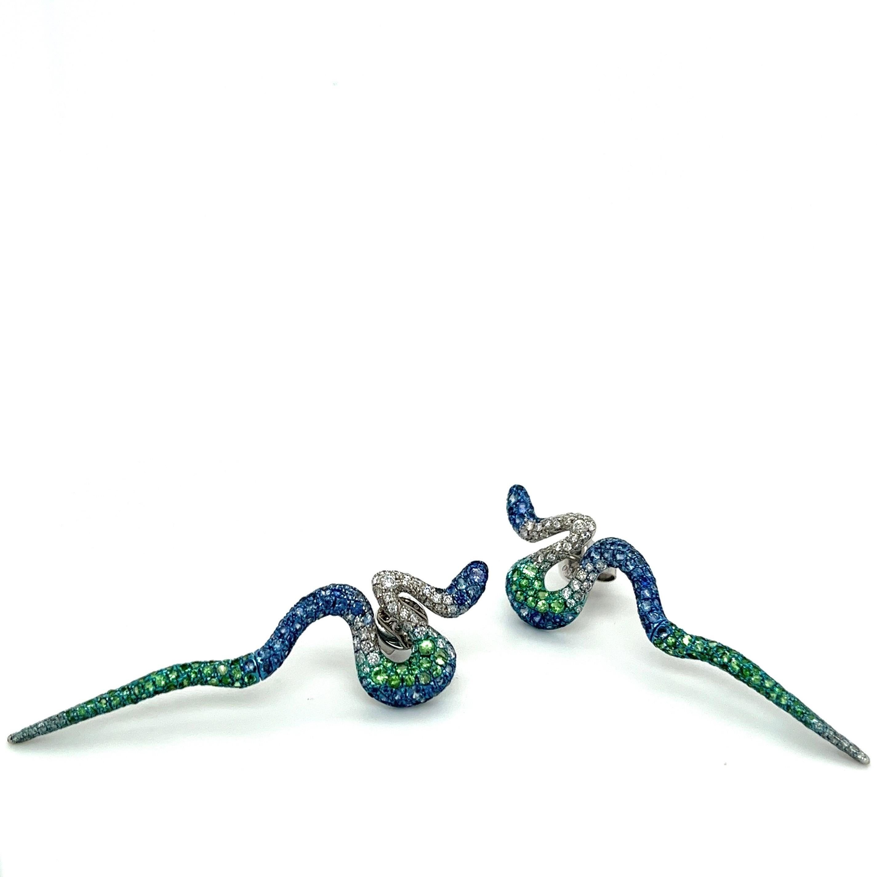 Round Cut 18K White Gold Green Garnet & Sapphire Snake Earrings with Diamonds For Sale