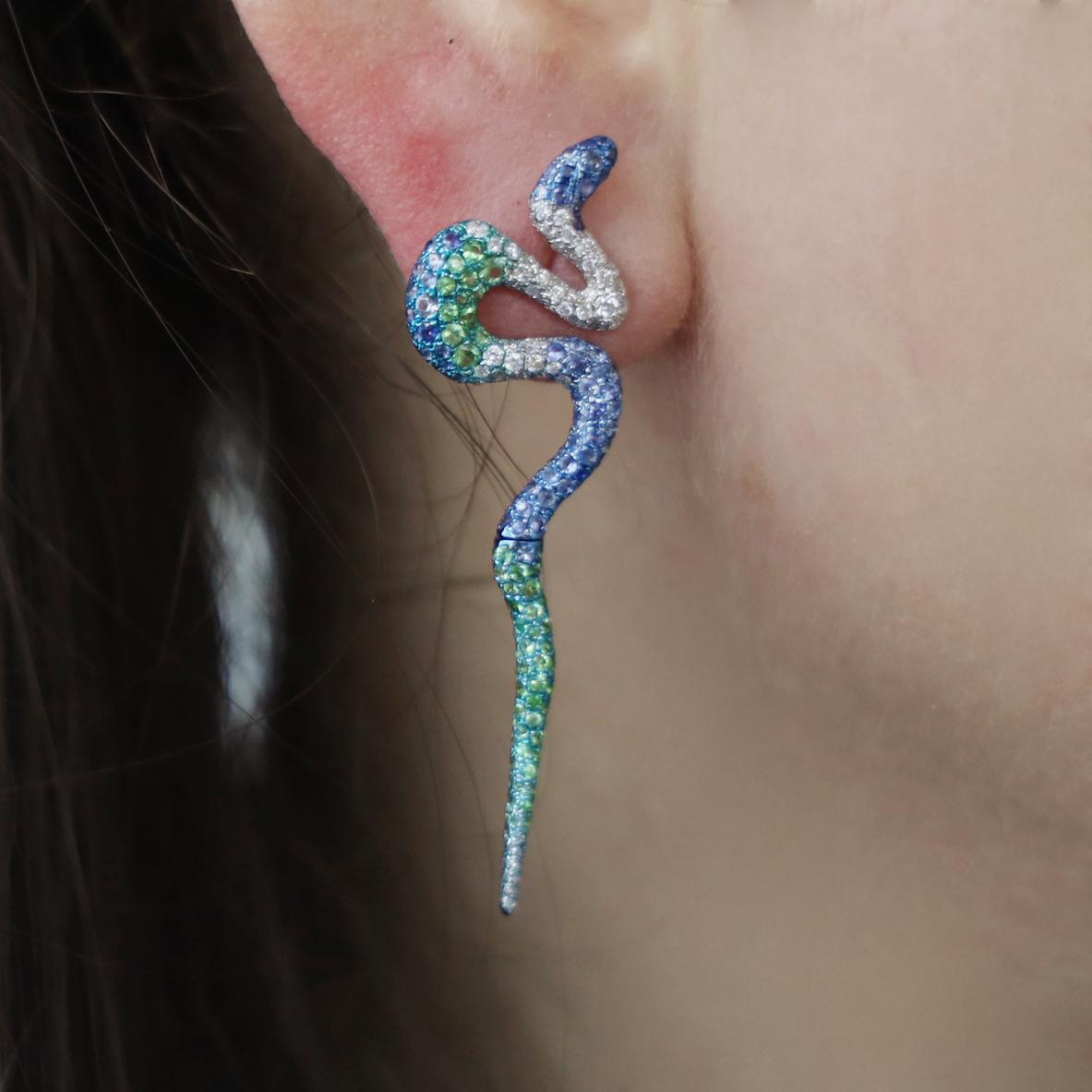 Women's or Men's 18K White Gold Green Garnet & Sapphire Snake Earrings with Diamonds For Sale