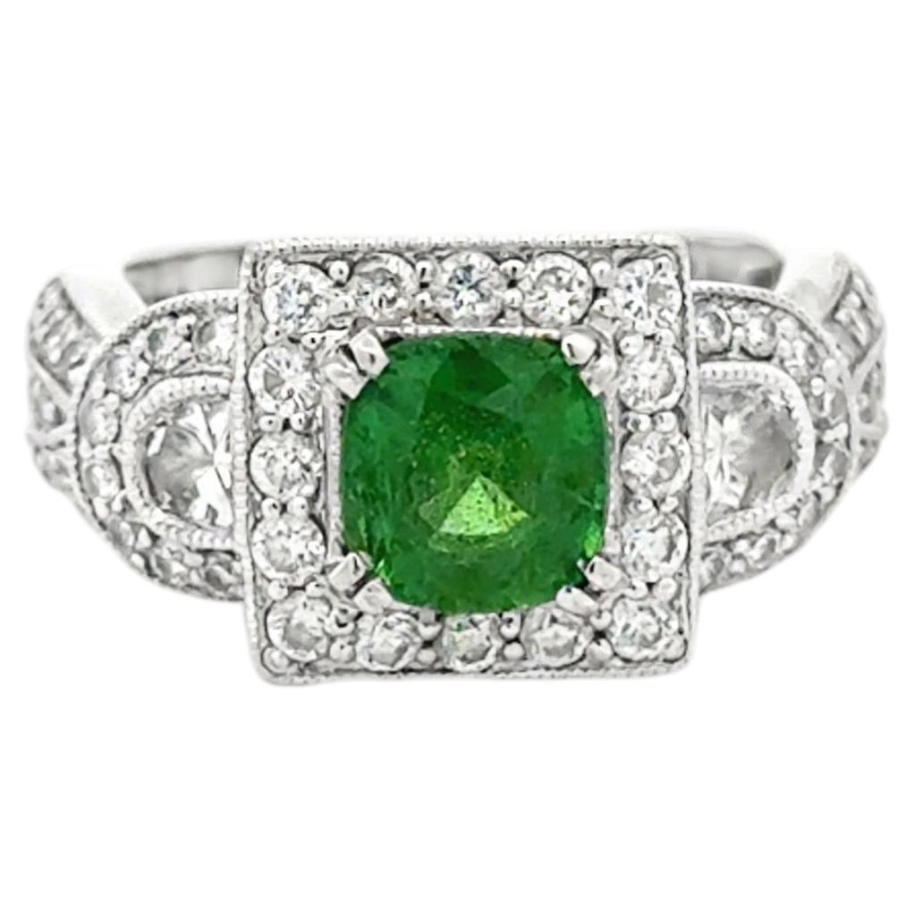 18k White Gold Green Gemstone Square Diamond Halo Cocktail Ring For Sale