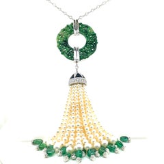 18k White Gold Green Jade Cts 24.22 Emerald Pearl Diamond Tassel Necklace