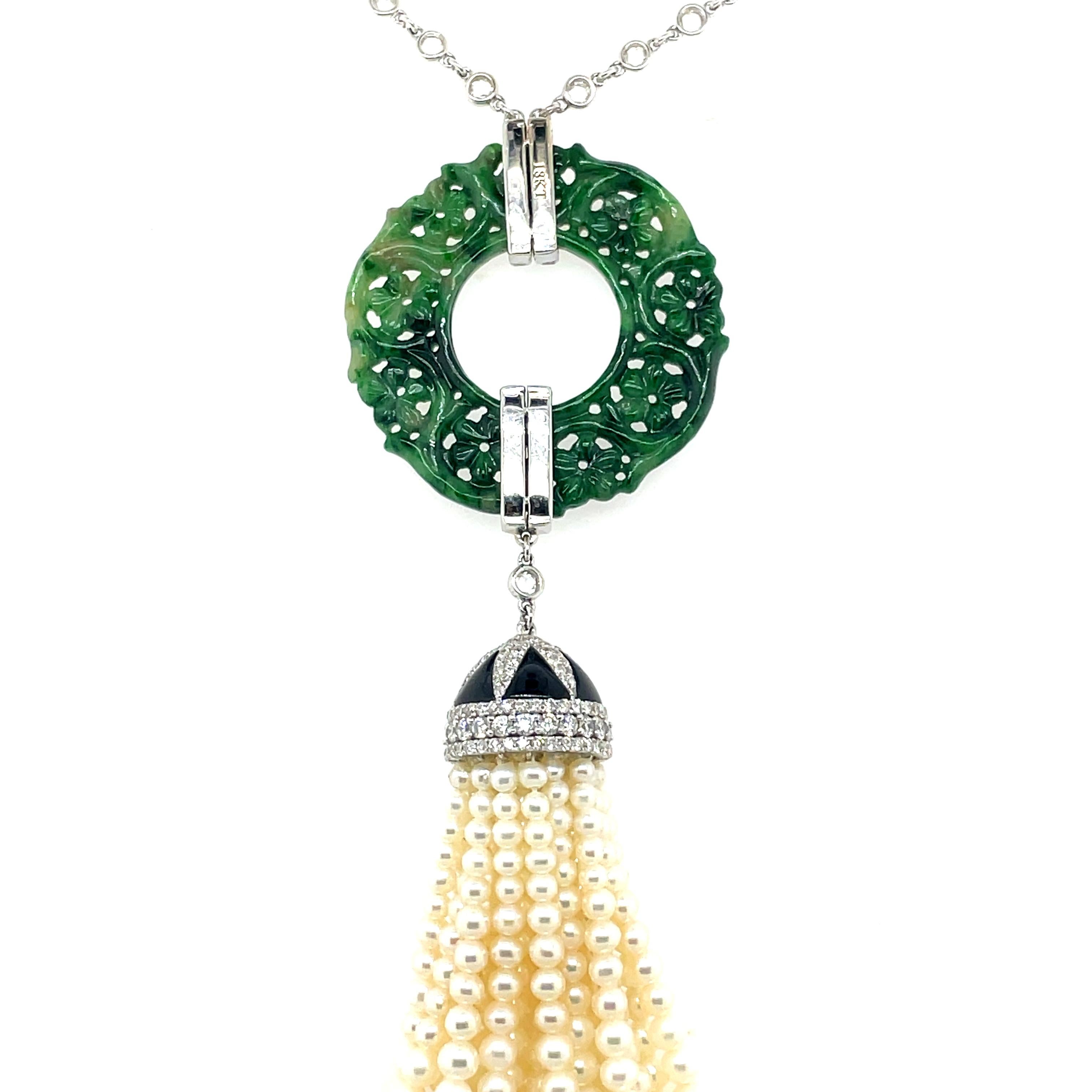 Collier à pompon en or blanc 18 carats, jade vert, perle d'émeraude 24,22 carats et diamants Pour femmes en vente