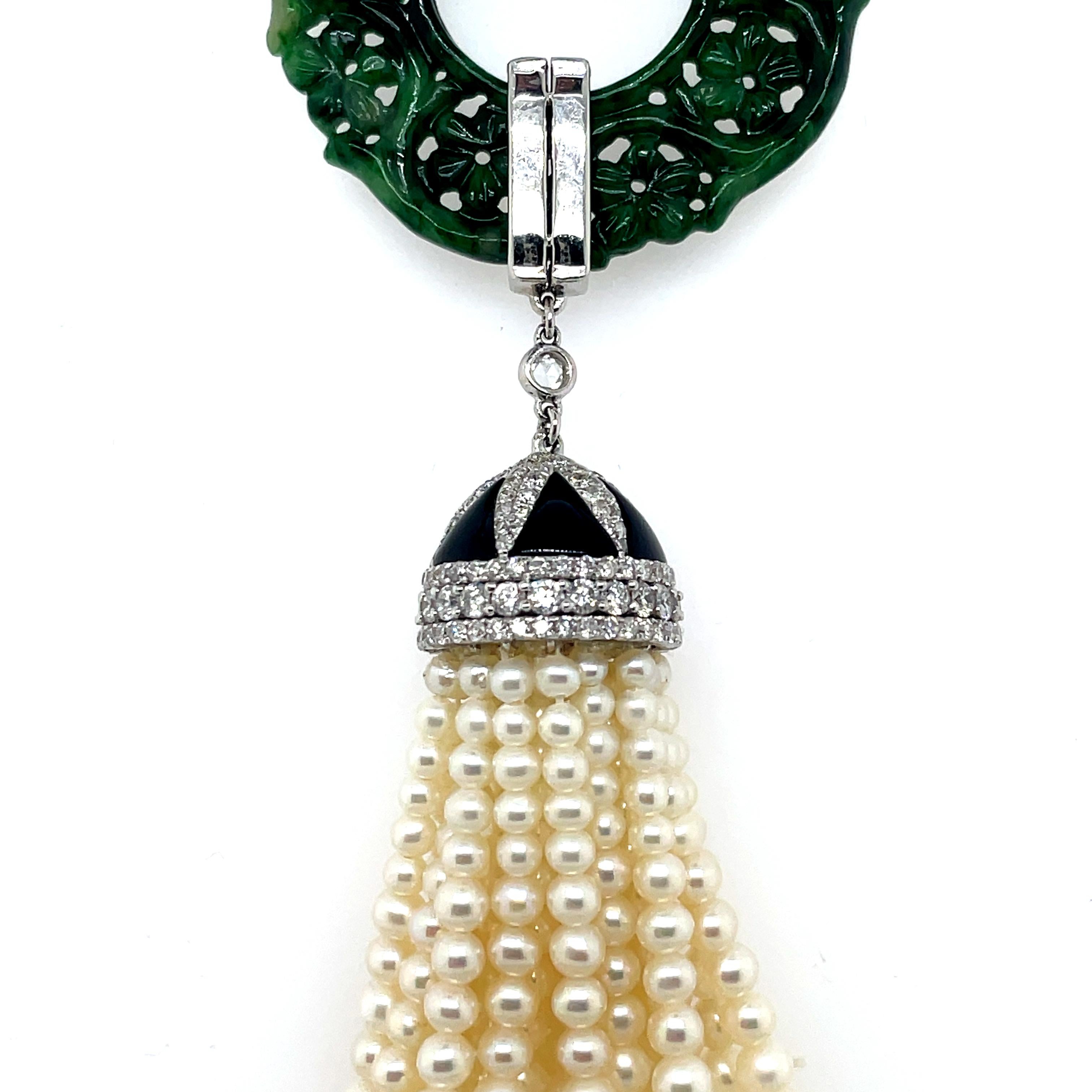Collier à pompon en or blanc 18 carats, jade vert, perle d'émeraude 24,22 carats et diamants en vente 2