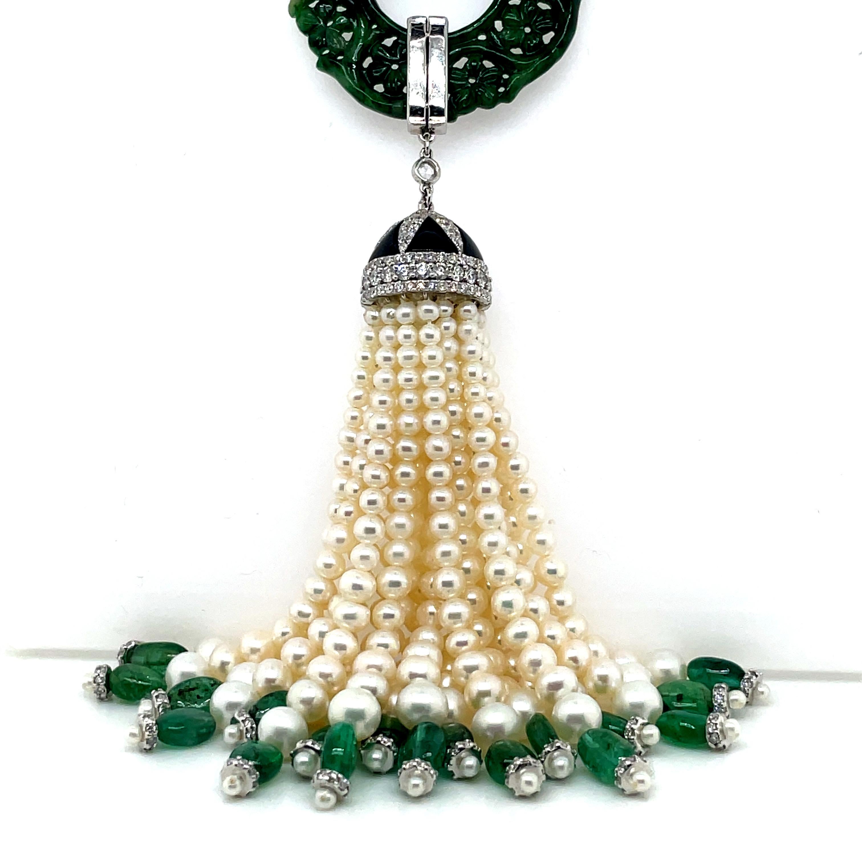 Collier à pompon en or blanc 18 carats, jade vert, perle d'émeraude 24,22 carats et diamants en vente 3
