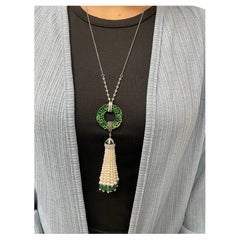 18k White Gold Green Jade Cts 24.22 Emerald Pearl Diamond Tassel Necklace