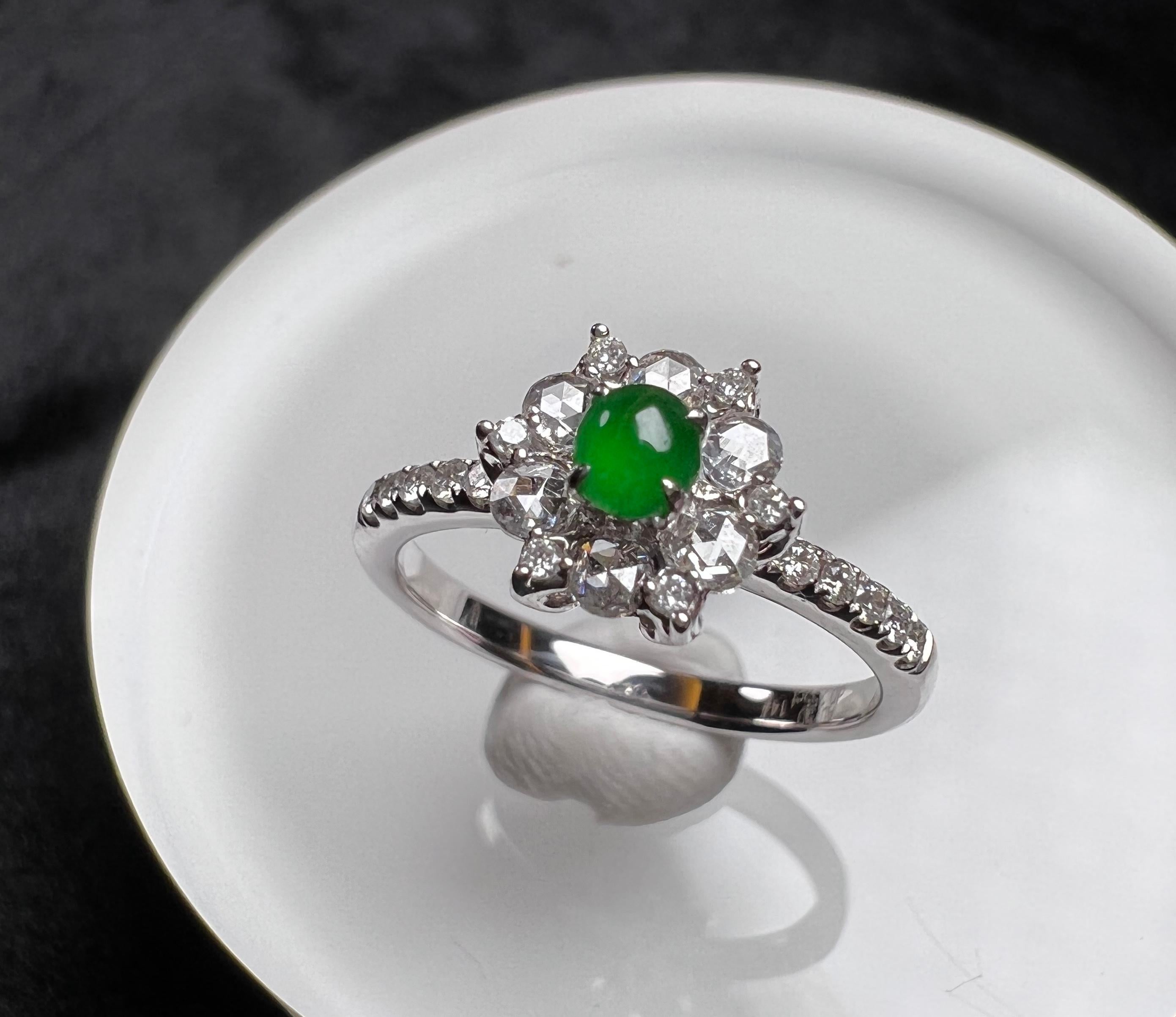 18K White Gold Green Jadeite Diamond Flower Cluster Ring, Engagement Ring

Size: N (UK) / 7 (US)
Circumference (approx.): 54mm 
Diameter (approx.): 17.2mm 

Total weight (approx.): 2.7g
Centre setting measurement (approx.): 7.7*8.7mm 
Main stone