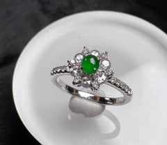 18K White Gold Green Jadeite Diamond Flower Cluster Ring Engagement Ring