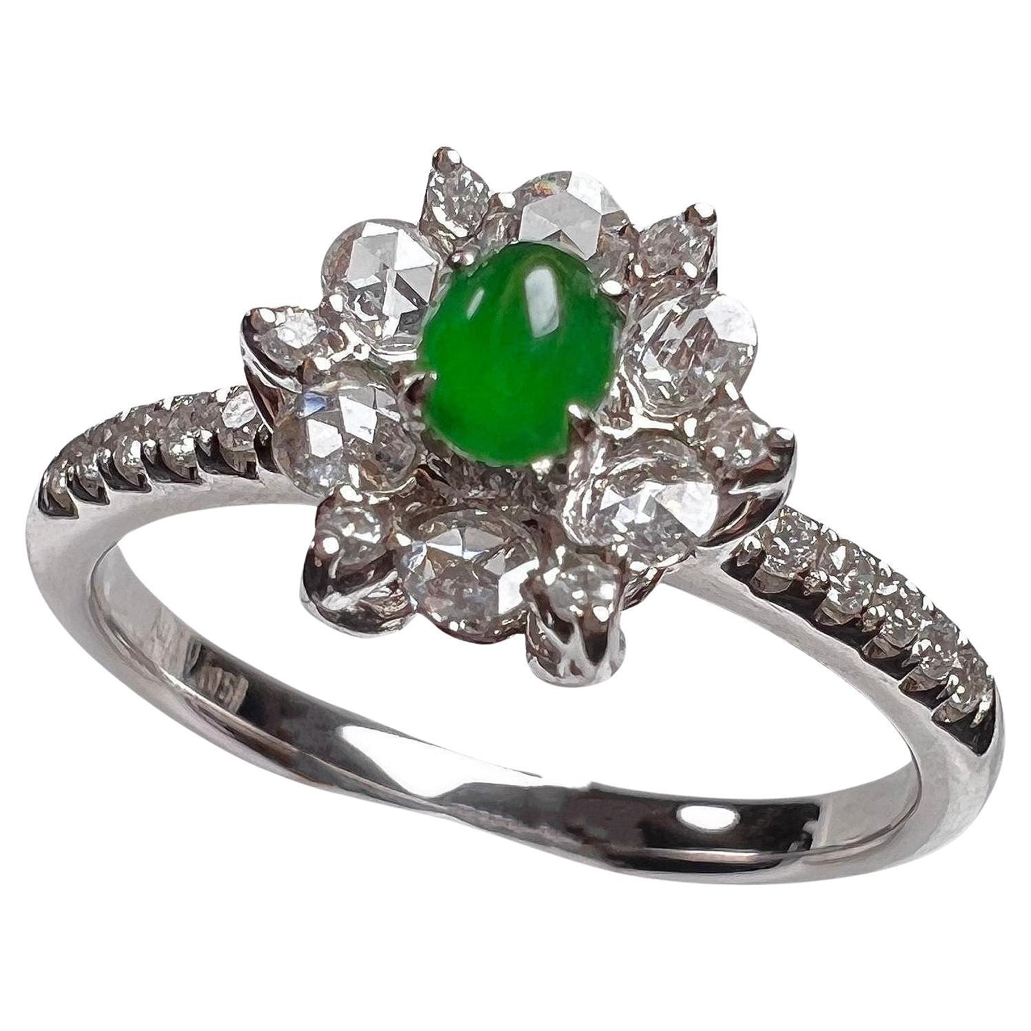 18K White Gold Green Jadeite Diamond Flower Cluster Ring Engagement Ring For Sale