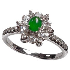 18K White Gold Green Jadeite Diamond Flower Cluster Ring Engagement Ring