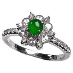 18K White Gold Green Jadeite Diamond Flower Cluster Ring Engagement Ring