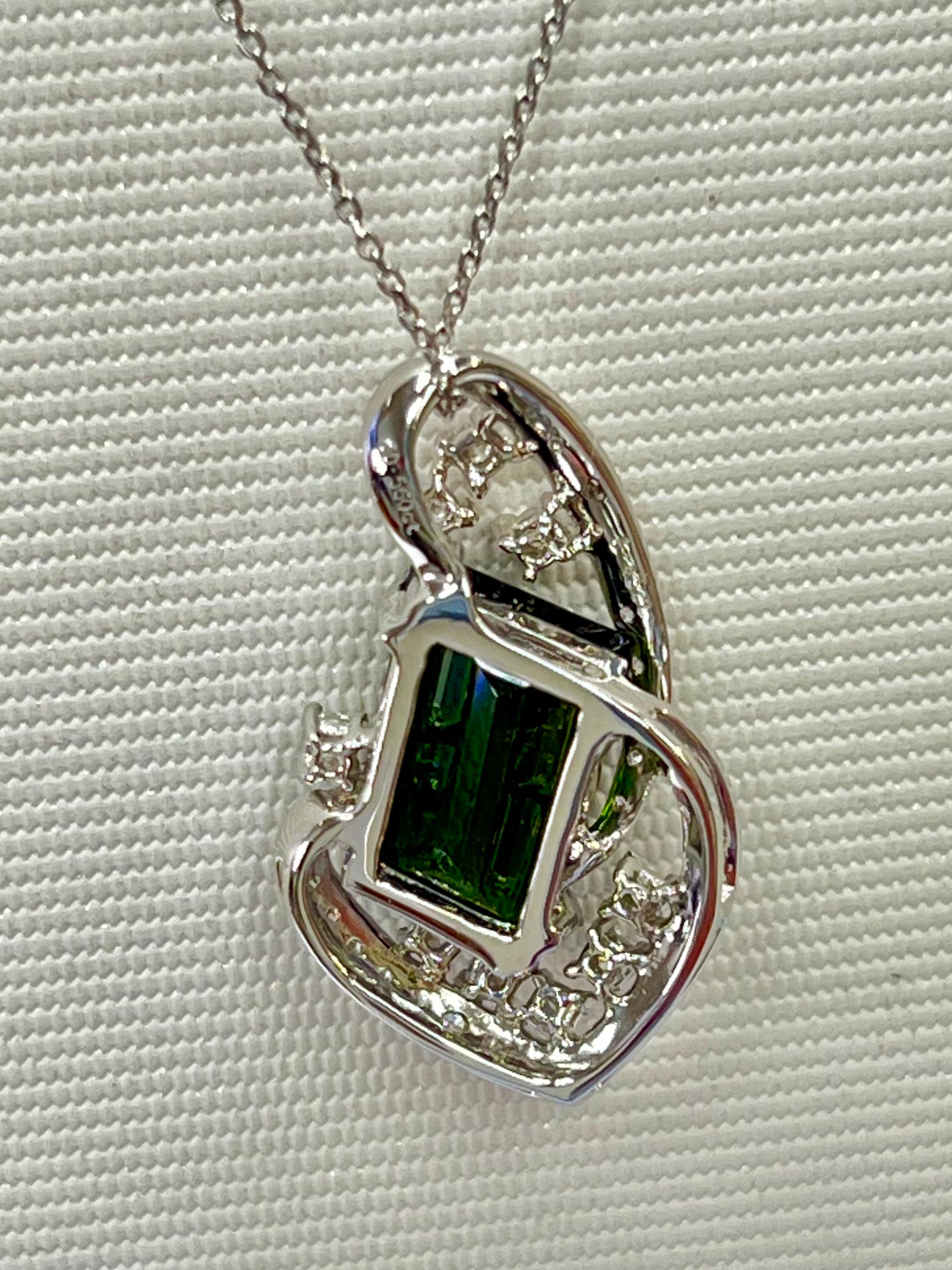 Women's 18K White Gold, Green Tourmaline 5.43 Carat and Diamond Pendant For Sale