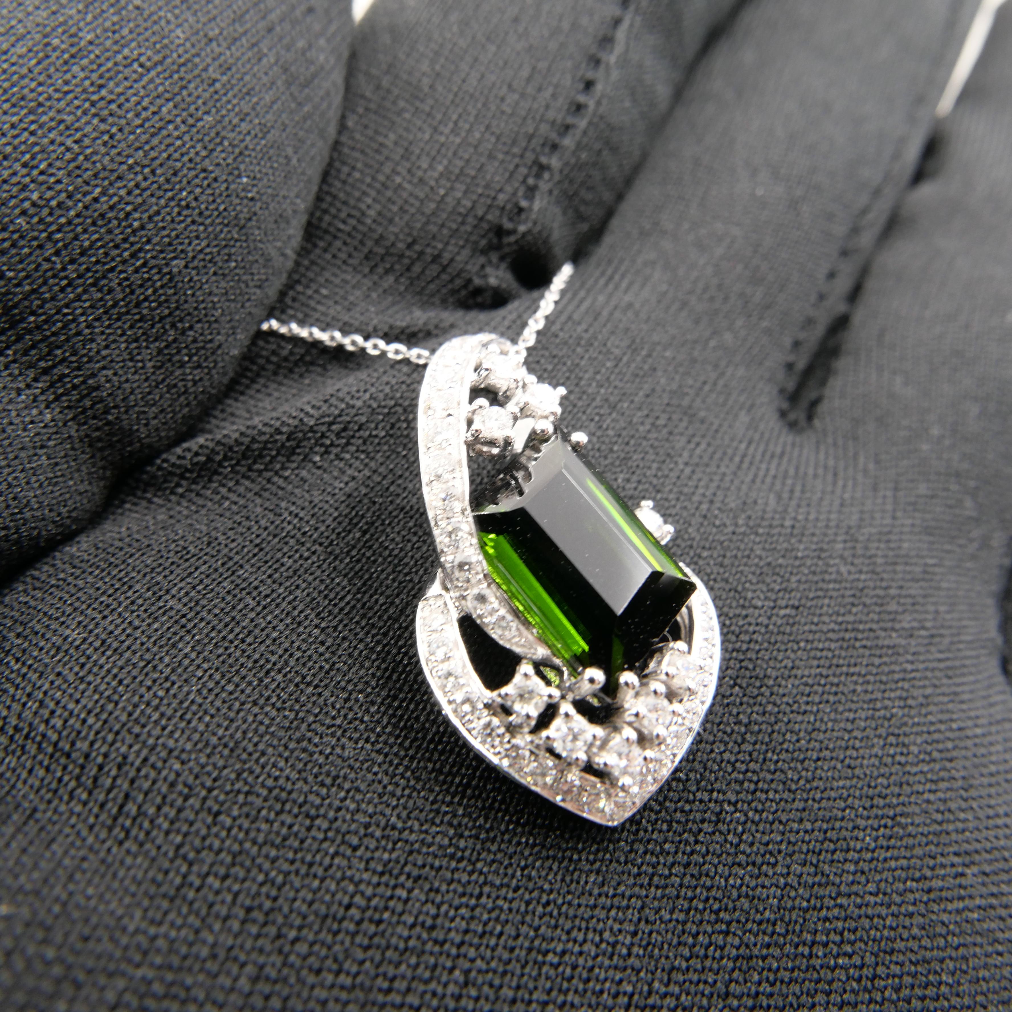 18K White Gold, Green Tourmaline 5.43 Carat and Diamond Pendant For Sale 6