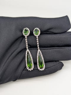 18K White Gold Green Tourmaline and Diamond Drop Earrings