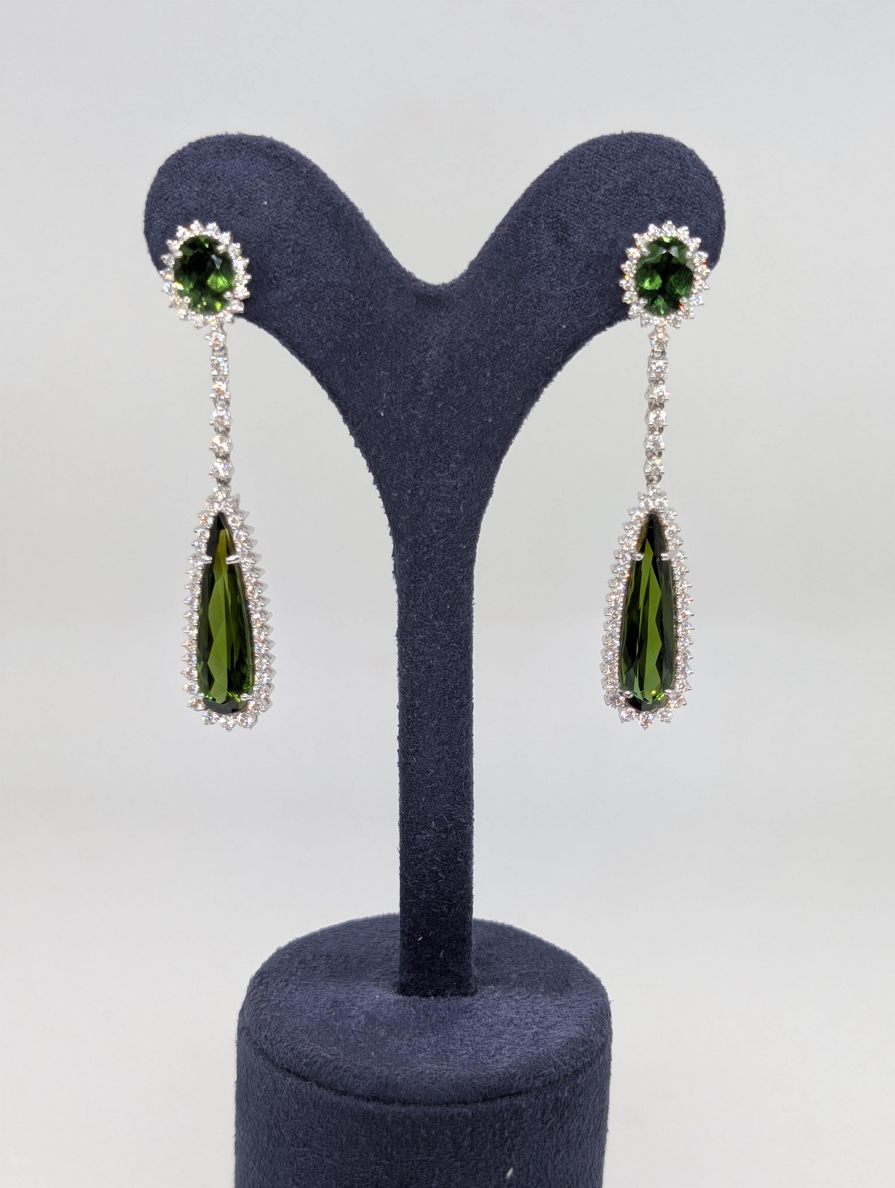 Pear Cut 18K White Gold Green Tourmaline and Diamond Drop Earrings For Sale