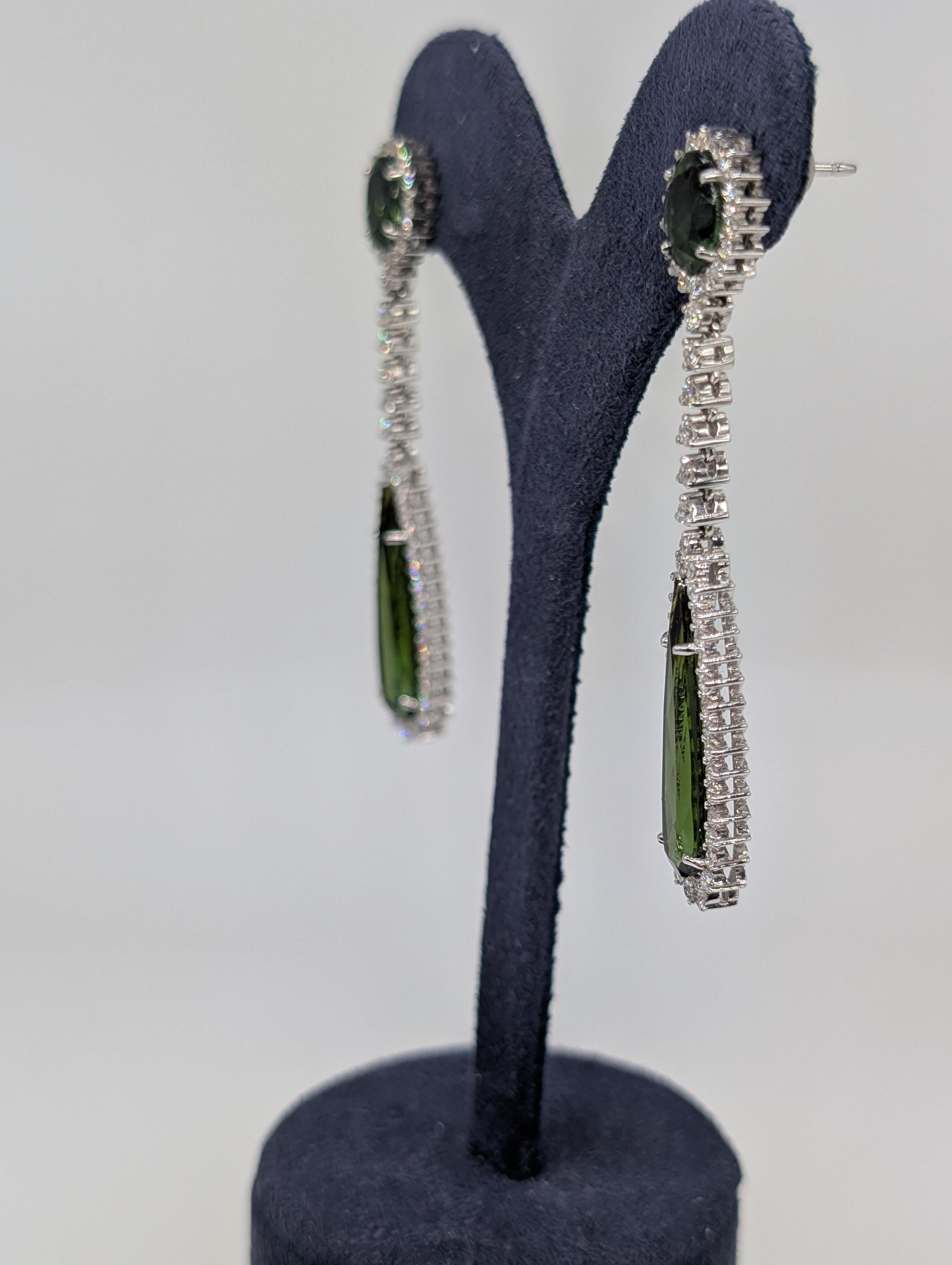 Women's 18K White Gold Green Tourmaline and Diamond Drop Earrings For Sale
