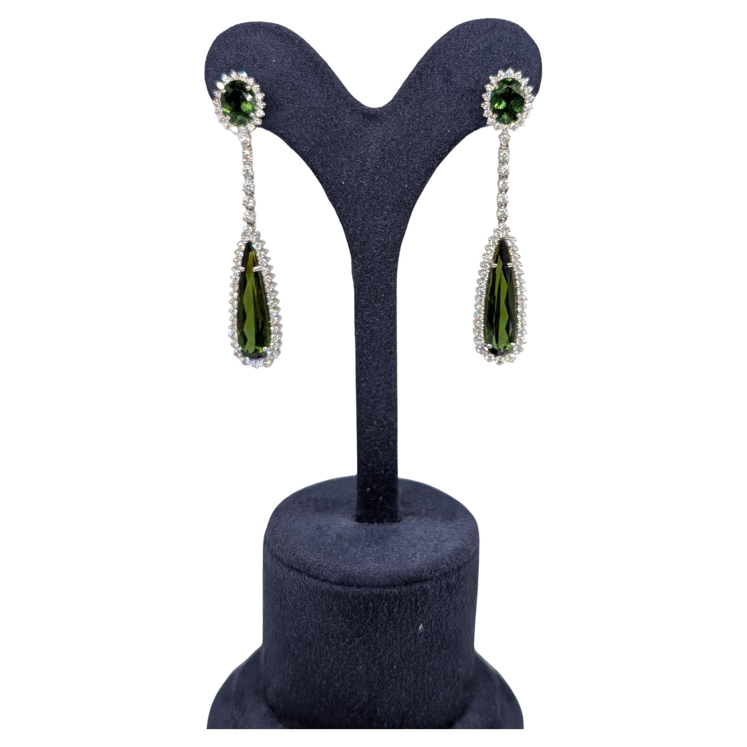 18K White Gold Green Tourmaline and Diamond Drop Earrings