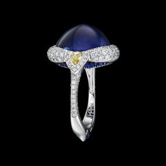 18K White Gold GRS Certified 13.57 Carat Sugarloaf Sapphire and Diamond Ring