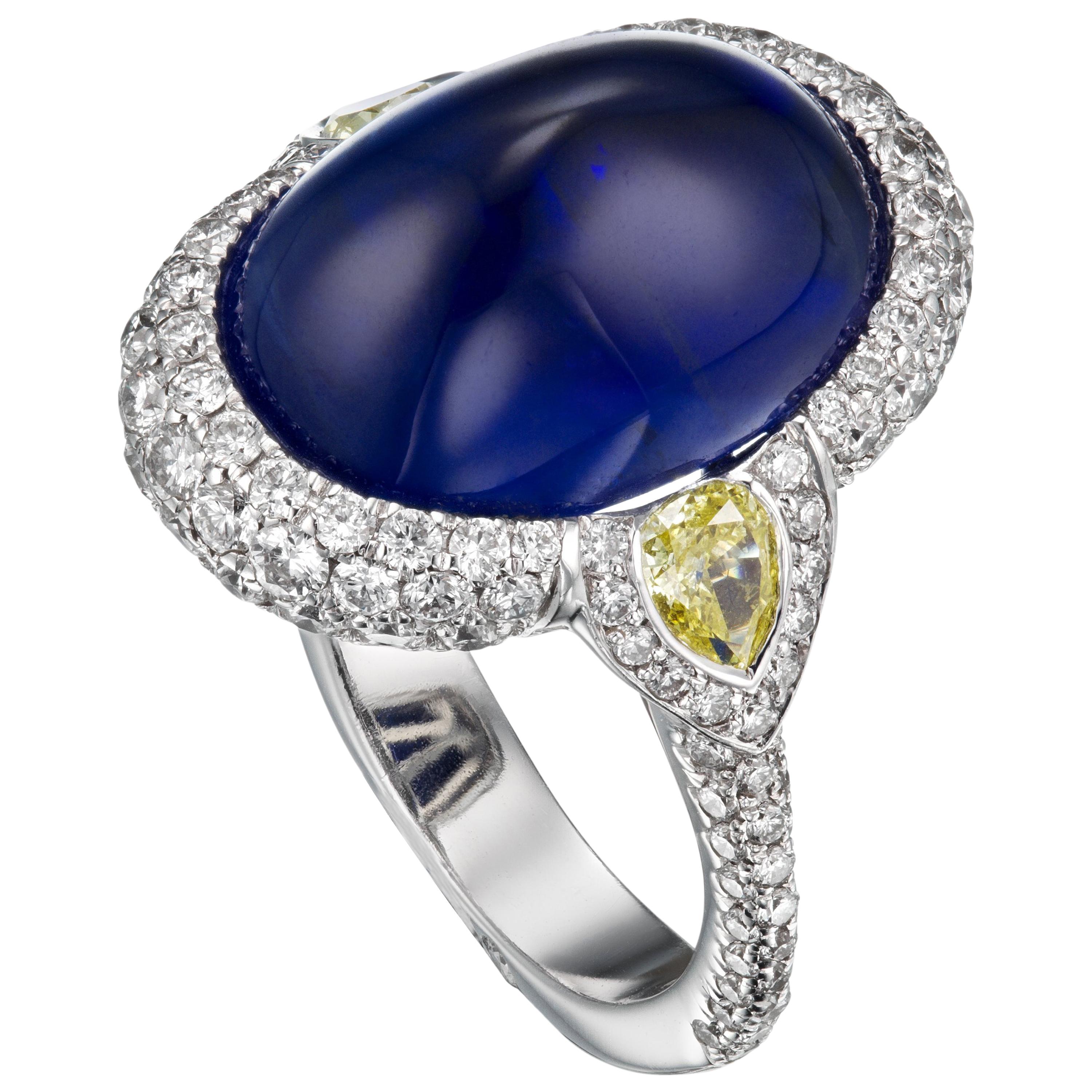 18K White Gold GRS Certified 13.57 Carat Sugarloaf Sapphire and Diamond Ring For Sale