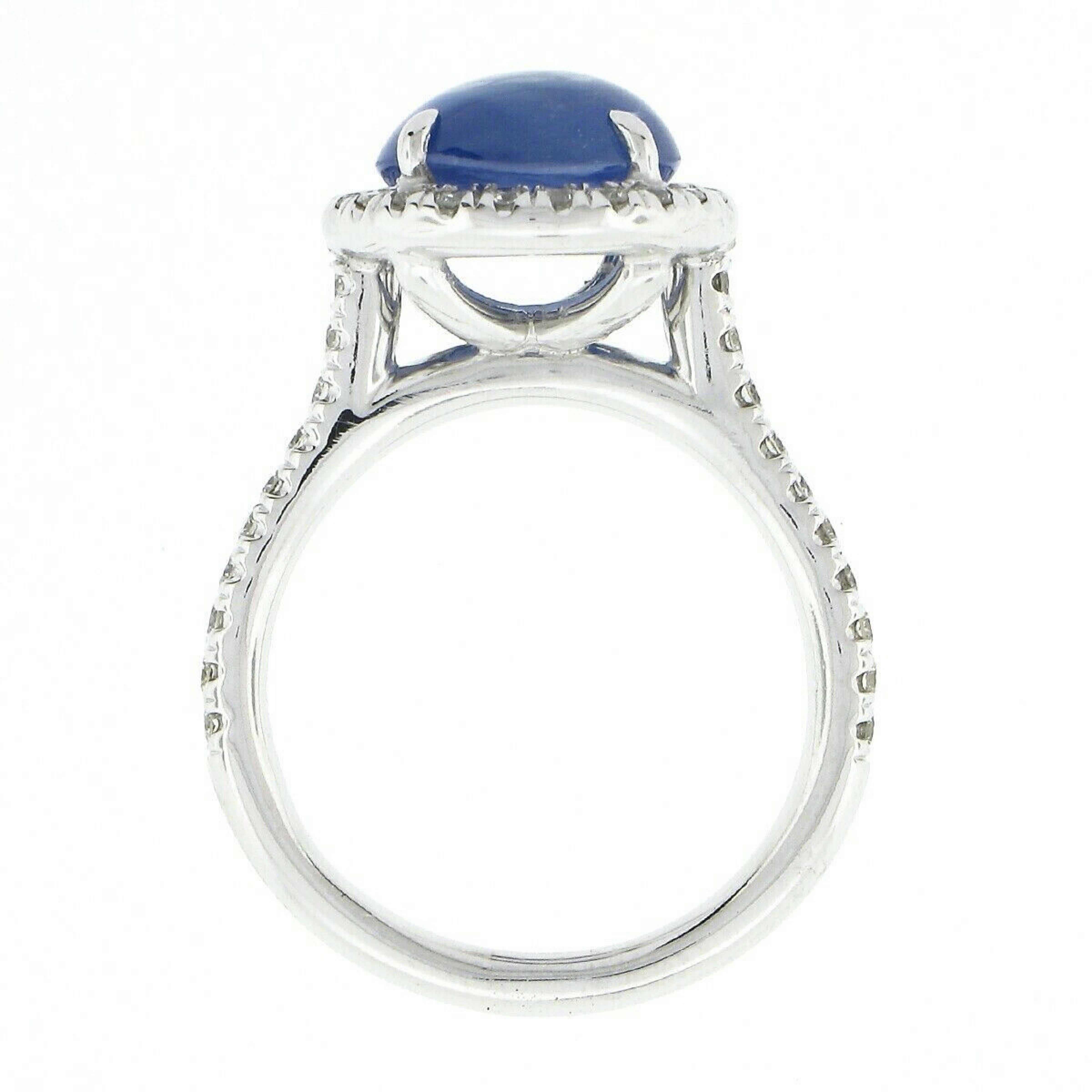 18k White Gold Gubelin Round Cabochon Ceylon Sapphire & 0.63ct Diamond Halo Ring For Sale 2