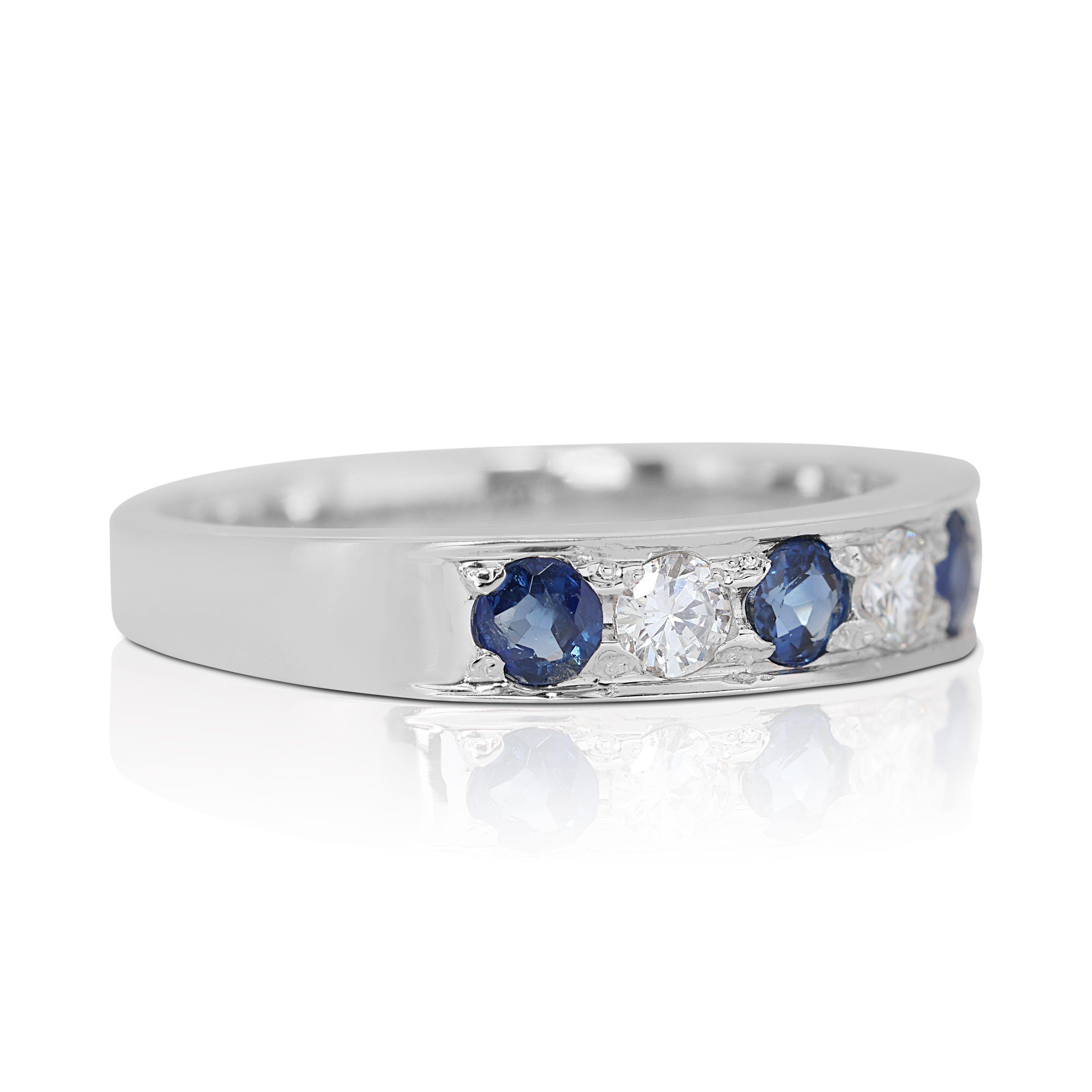 Round Cut 18k White Gold Half Eternity Ring with 0.35ct Natural Sapphire & Diamonds For Sale