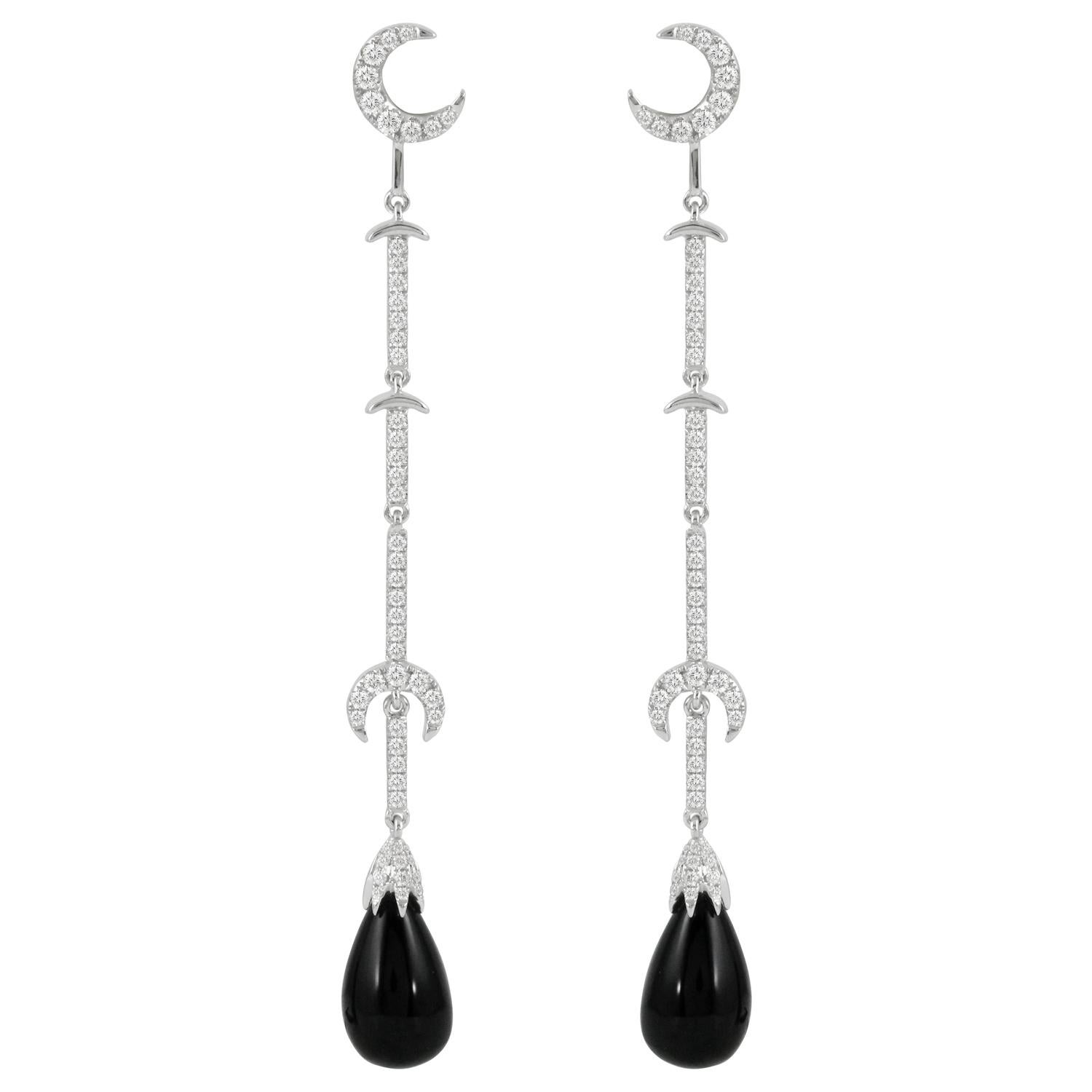 18K White Gold Half Moon Crescent Drop Dangle Earrings w/Black Onyx and Diamonds