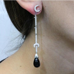 18K White Gold Half Moon Crescent Drop Dangle Earrings w/Black Onyx and Diamonds