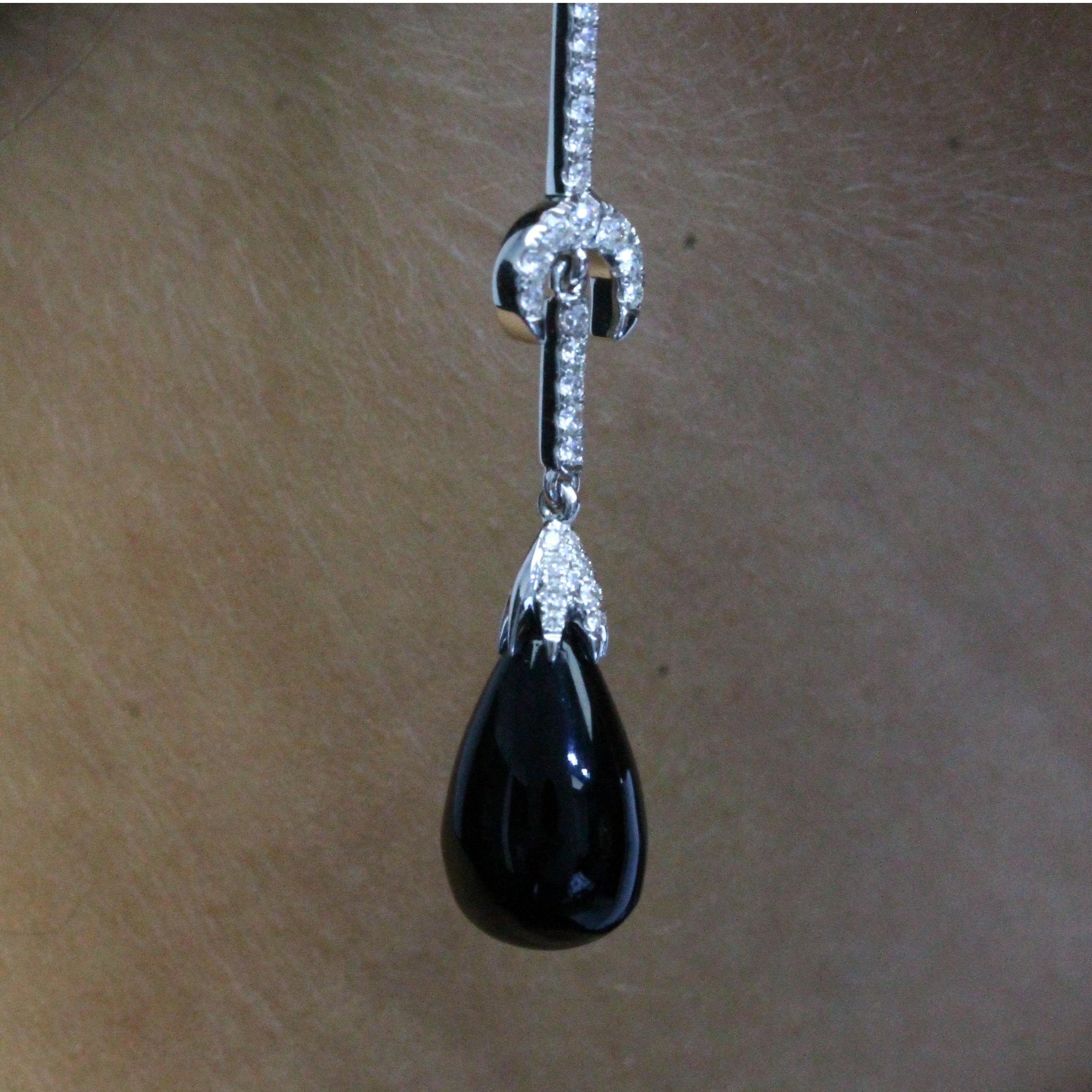 Contemporary 18K White Gold Half Moon Crescent Drop Dangle Earrings w/Black Onyx and Diamonds For Sale