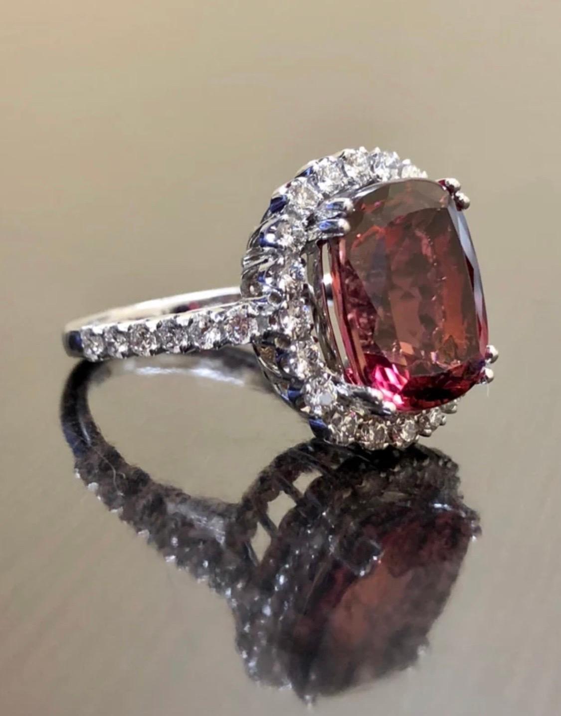 18K White Gold Halo Diamond 8.40 Carat Cushion Cut Tourmaline Engagement Ring In New Condition For Sale In Los Angeles, CA