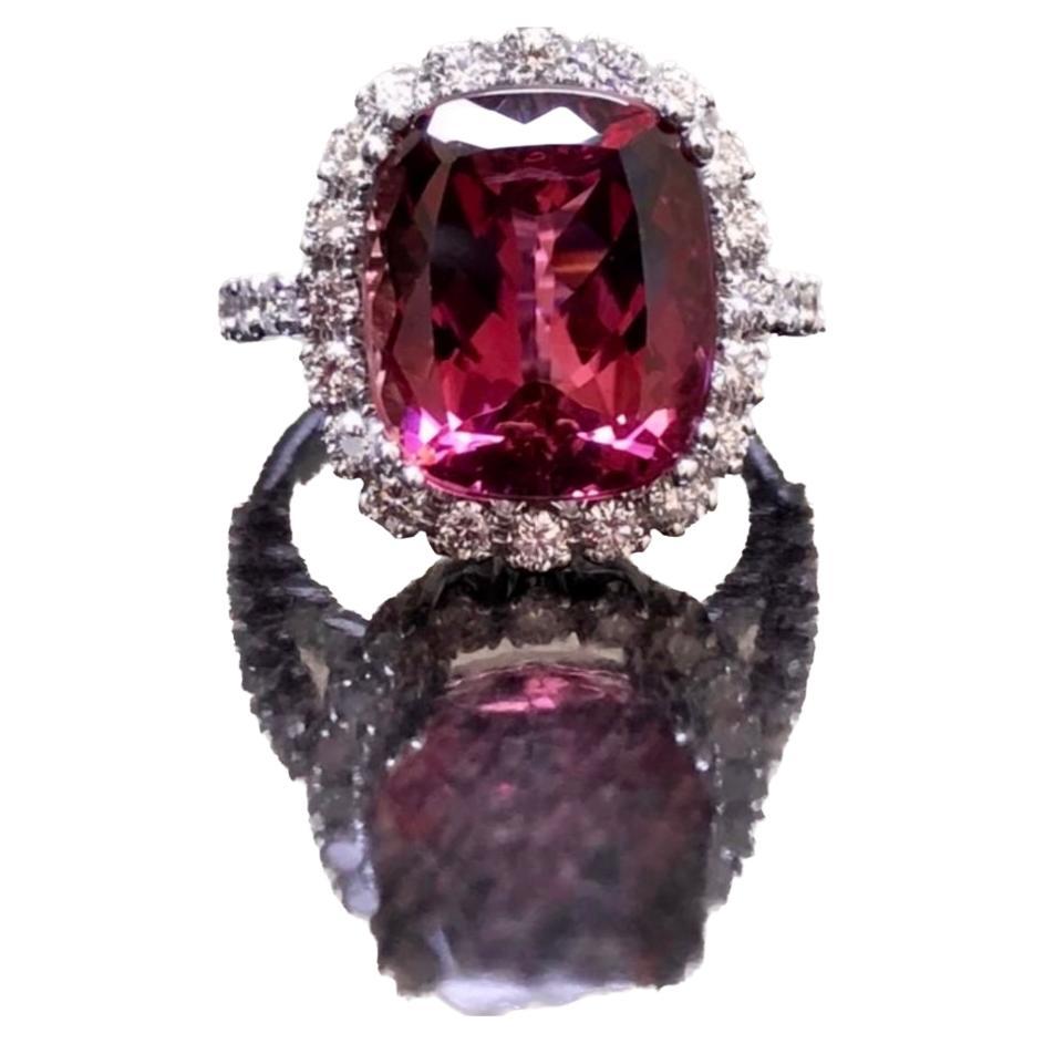 18K White Gold Halo Diamond 8.40 Carat Cushion Cut Tourmaline Engagement Ring For Sale