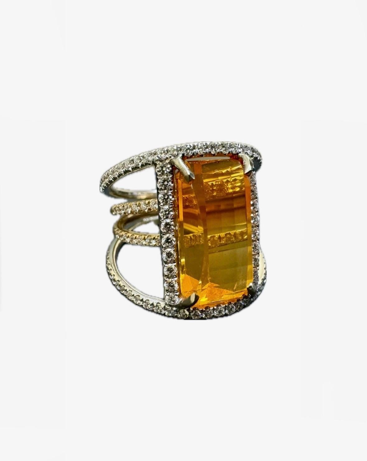 DeKara Design Collection 

Metal- 18K White Gold, 18K Rose Gold, .750.

Stones- Radiant Cut Mexican Fire Opal 7.51 Carats, 124 Round Diamonds F-G Color VS1-VS2 Clarity 1.44 Carats. 

GIA Identification Report Number 6234421367

Size- 7 1/2.  Free