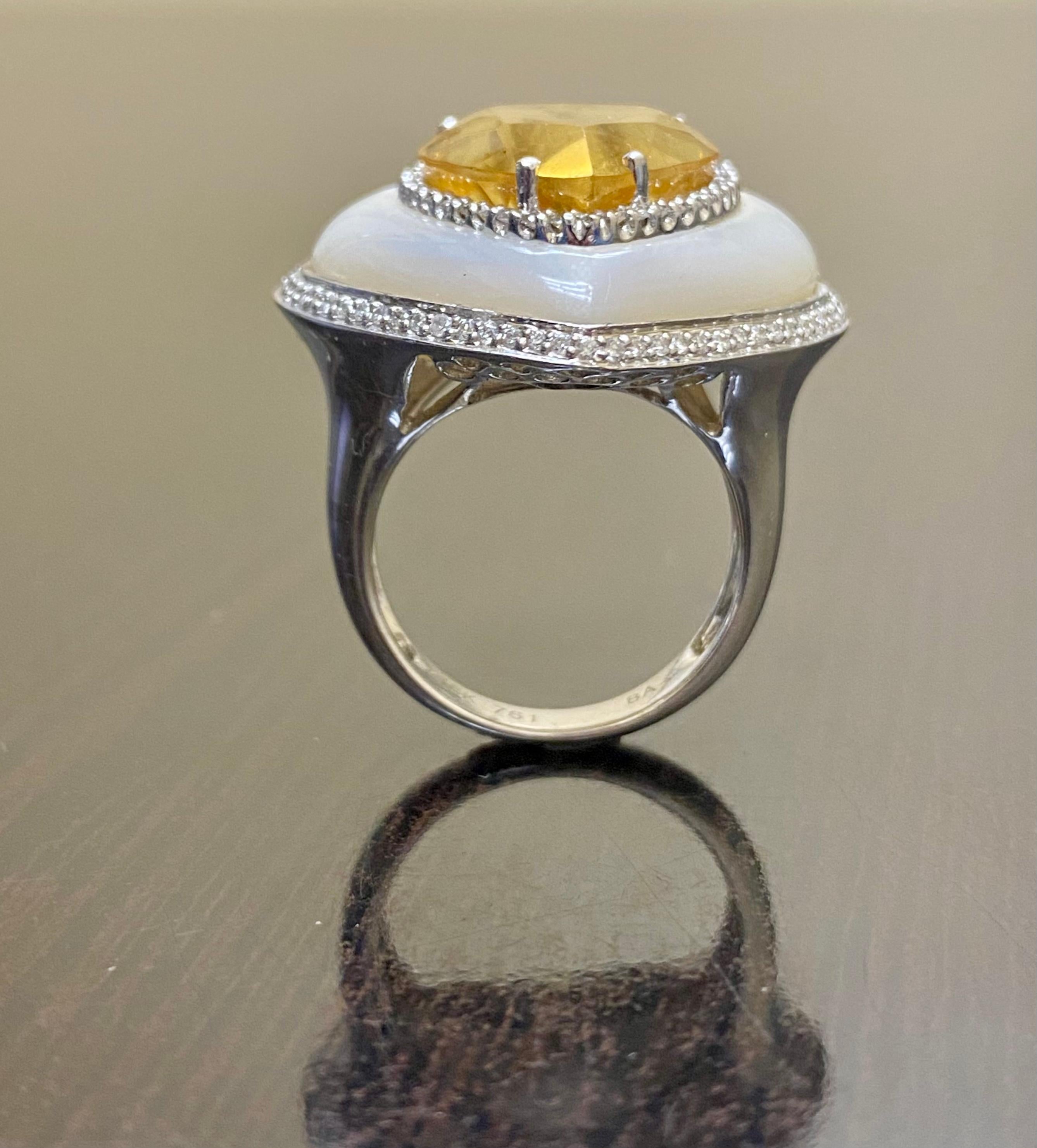 Art Deco 18K White Gold Halo Diamond Heart Citrine Mother of Pearl Cocktail Ring For Sale