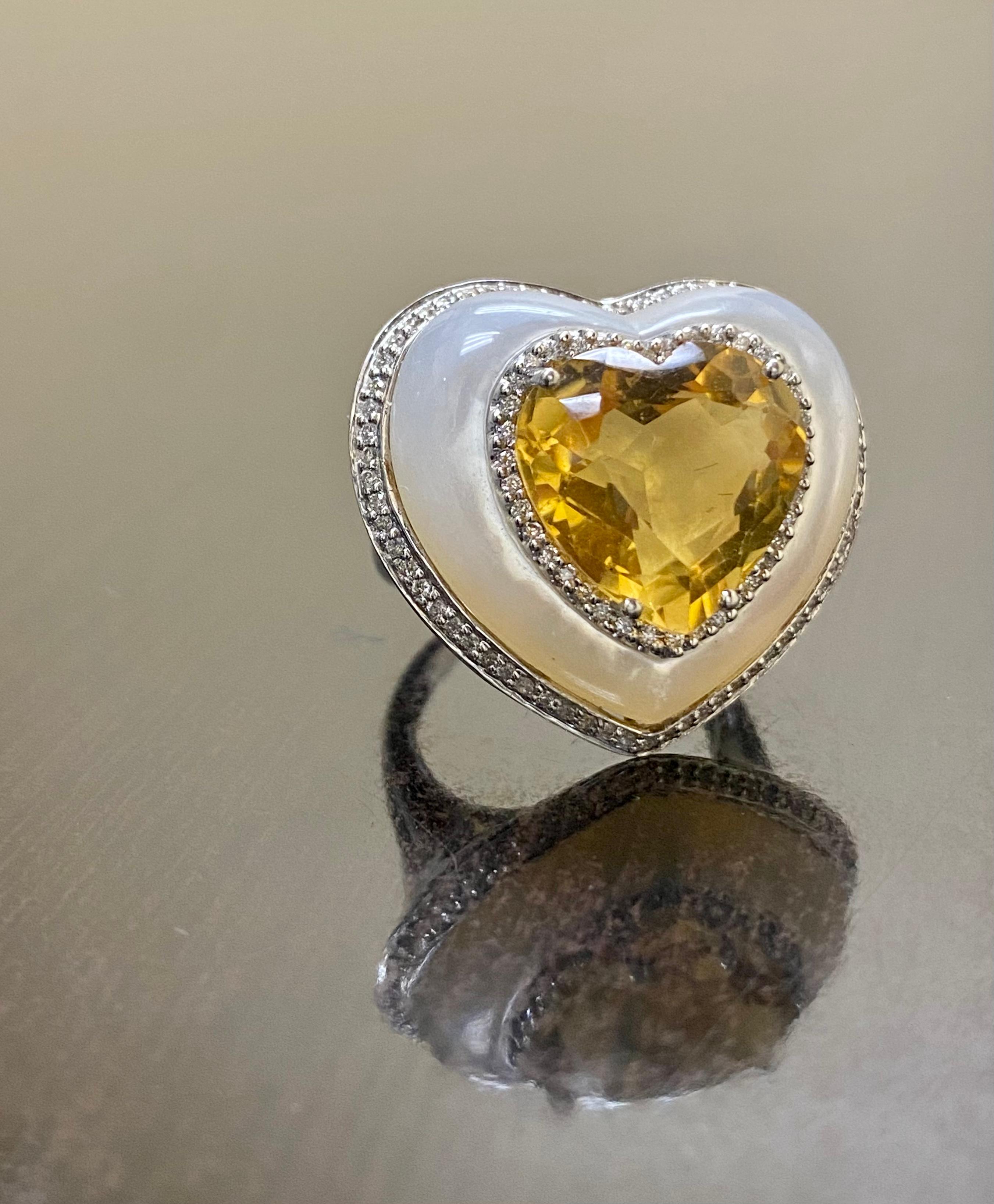 Heart Cut 18K White Gold Halo Diamond Heart Citrine Mother of Pearl Cocktail Ring For Sale