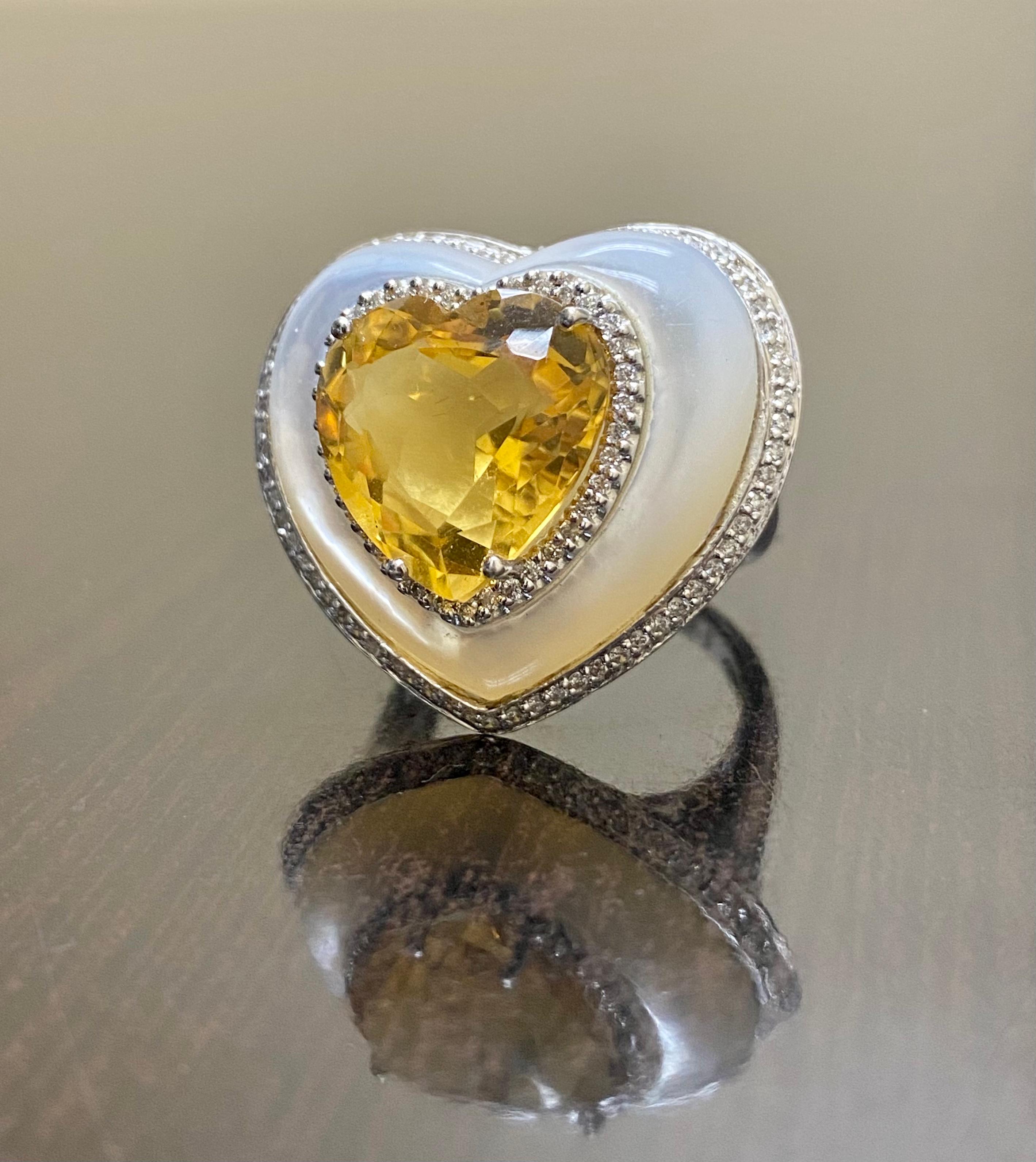 18K White Gold Halo Diamond Heart Citrine Mother of Pearl Cocktail Ring In New Condition For Sale In Los Angeles, CA