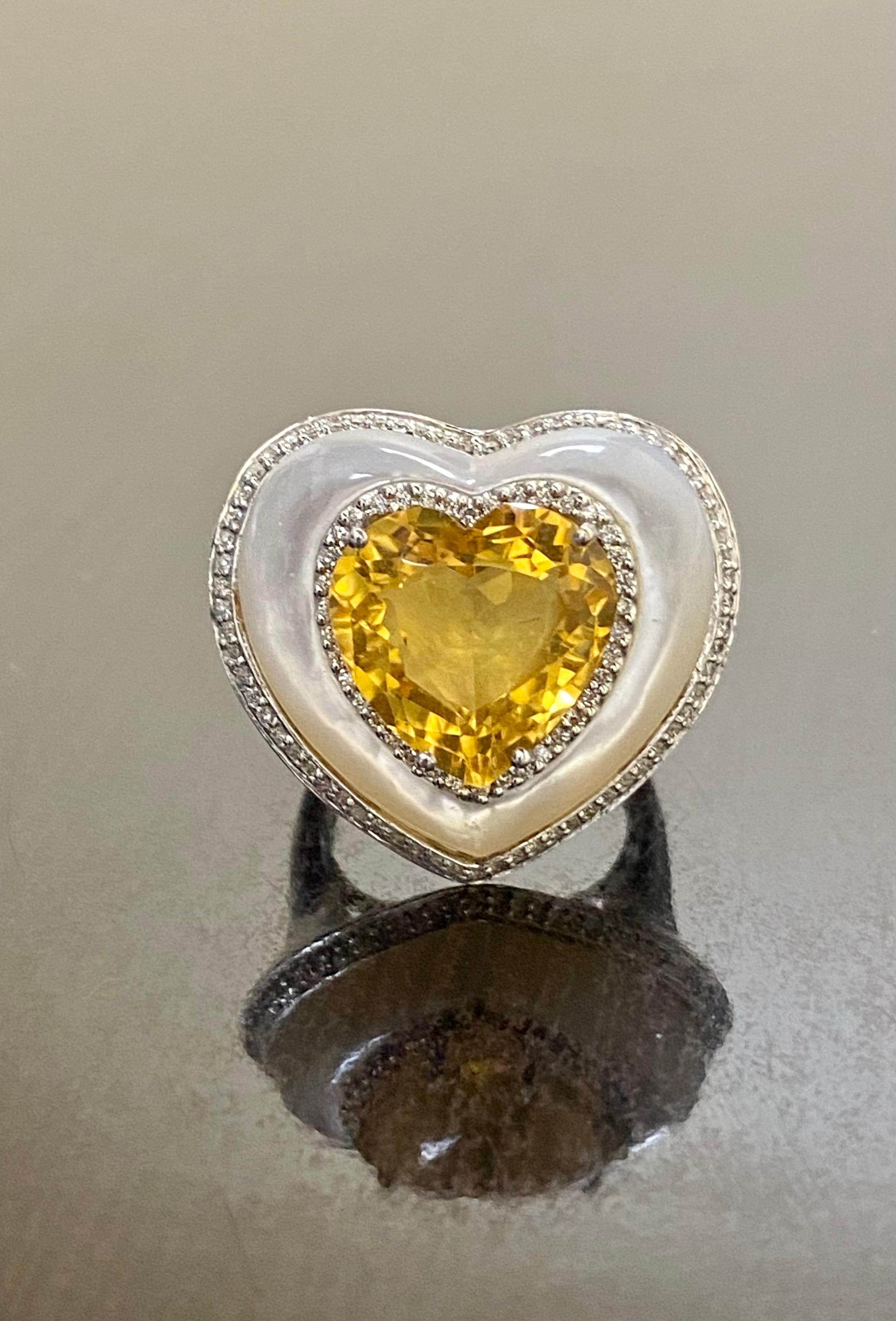 Women's 18K White Gold Halo Diamond Heart Citrine Mother of Pearl Cocktail Ring For Sale