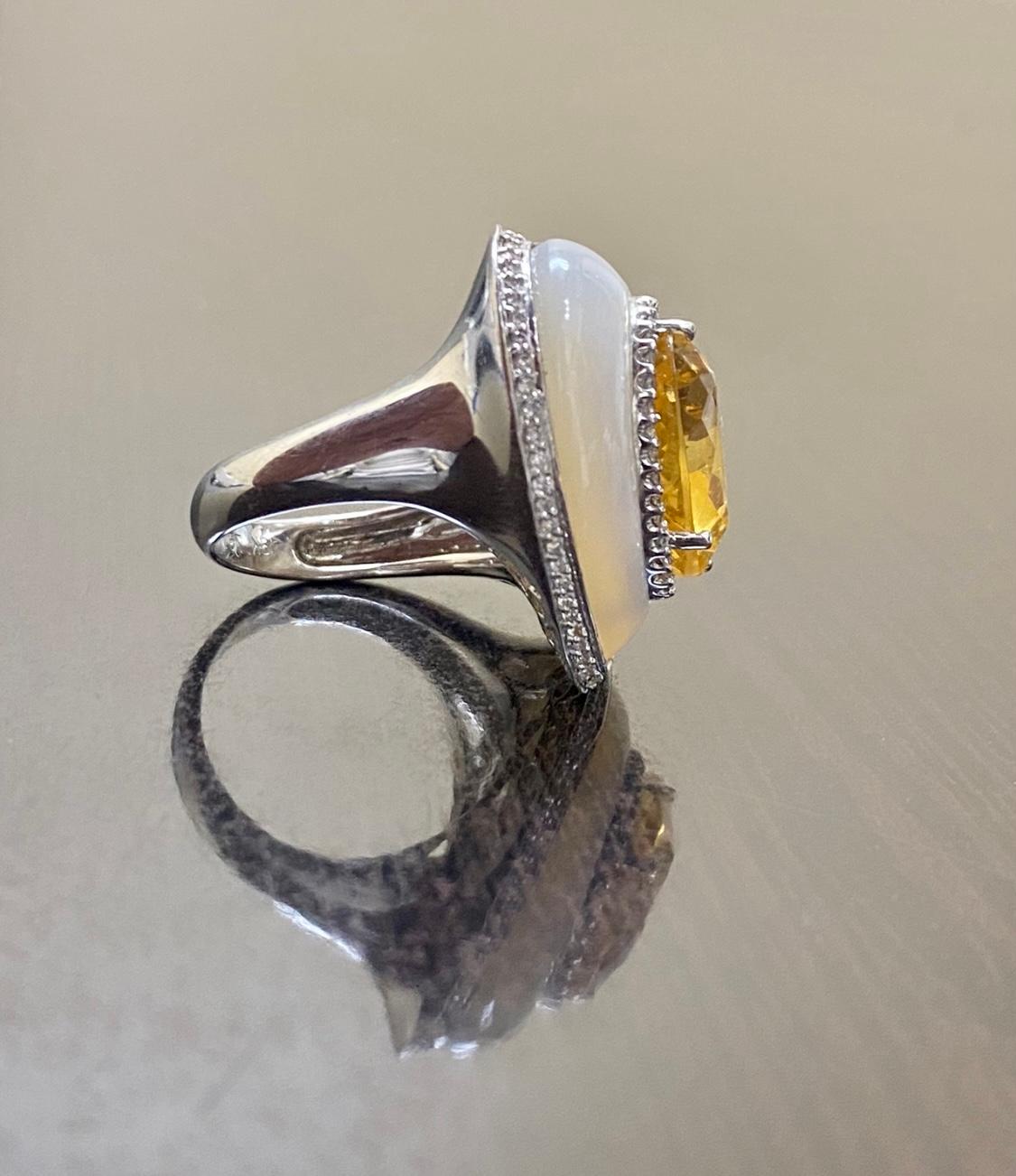 18K White Gold Halo Diamond Heart Citrine Mother of Pearl Cocktail Ring For Sale 1