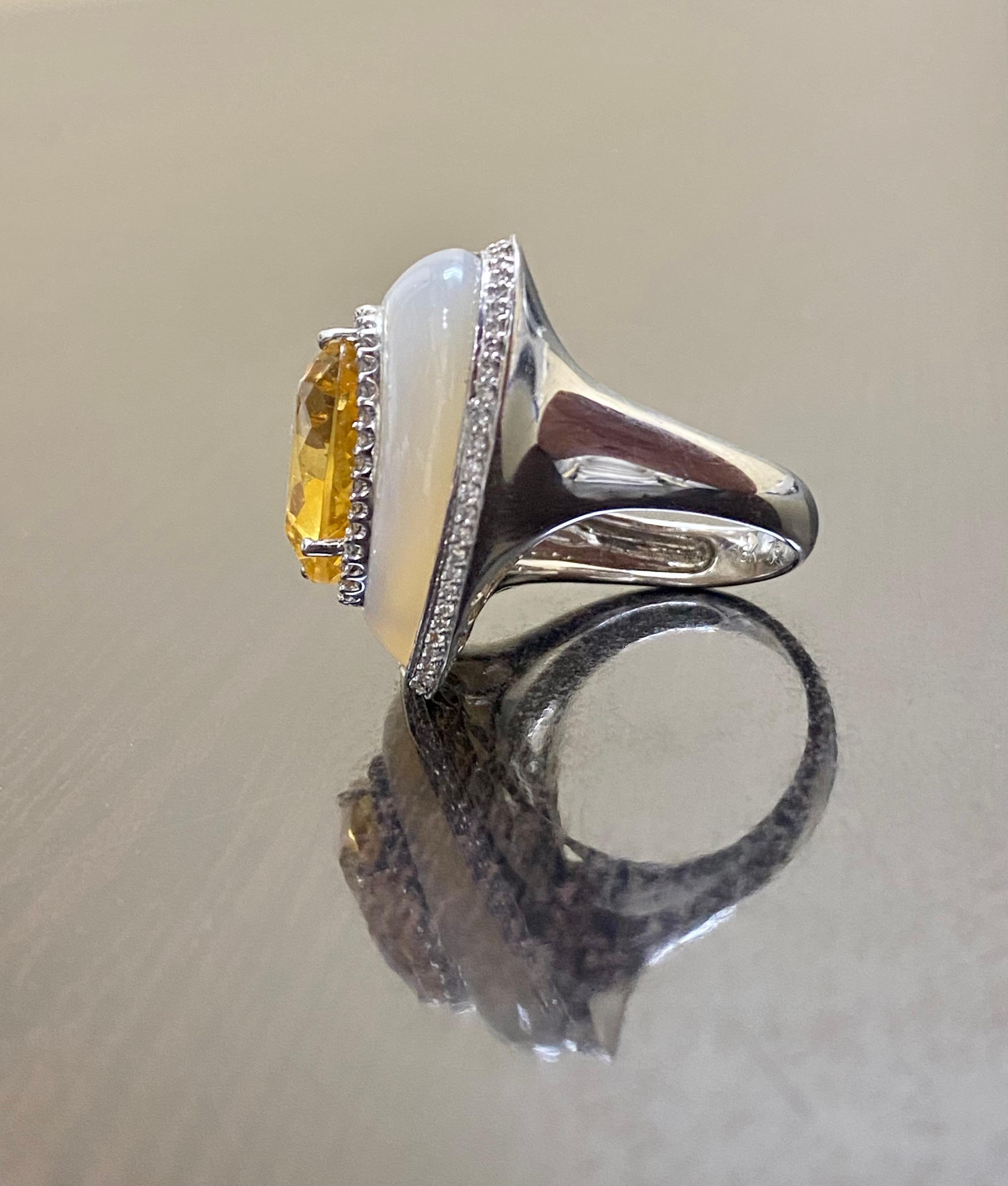18K White Gold Halo Diamond Heart Citrine Mother of Pearl Cocktail Ring For Sale 2