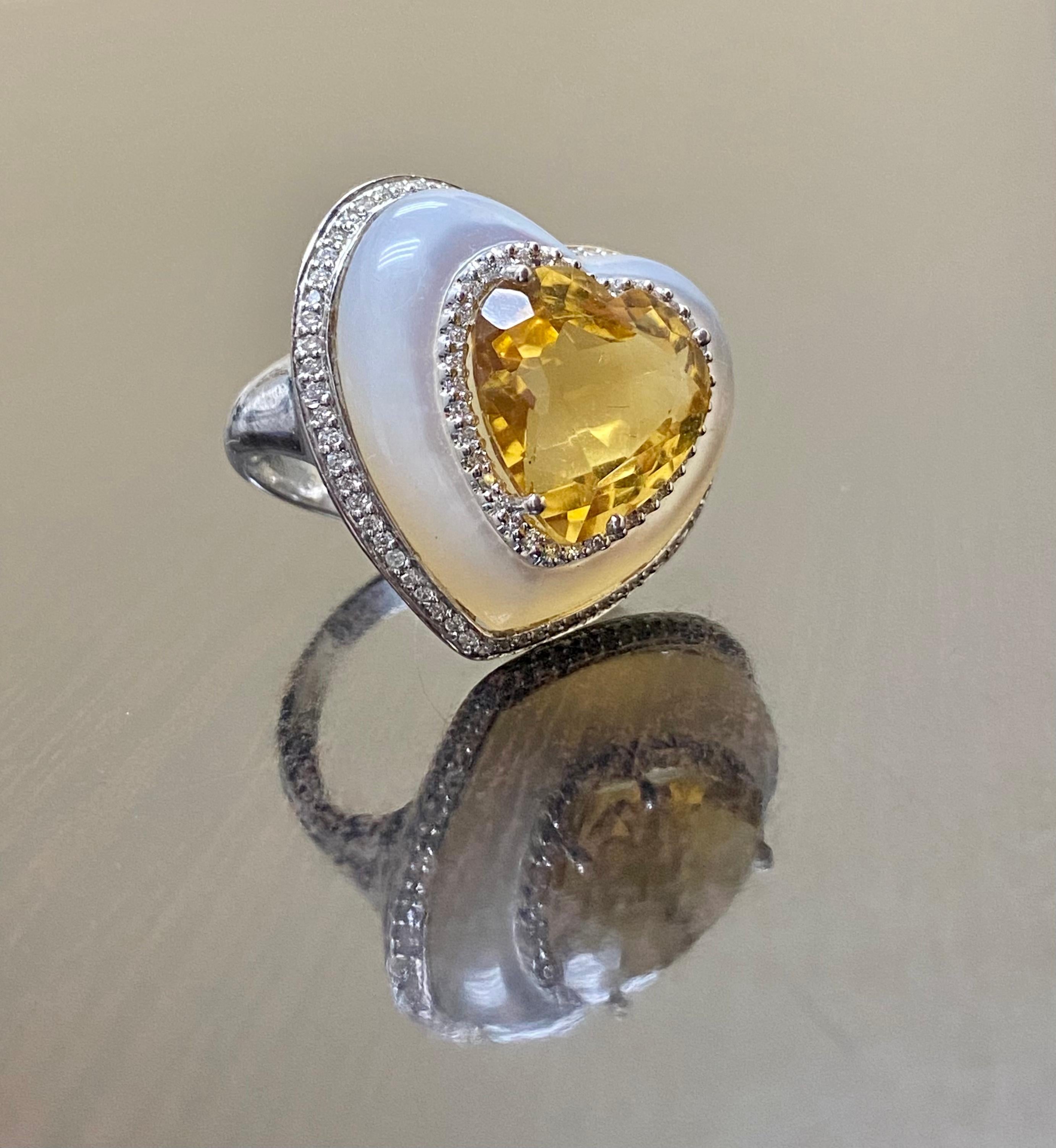 18K White Gold Halo Diamond Heart Citrine Mother of Pearl Cocktail Ring For Sale 3