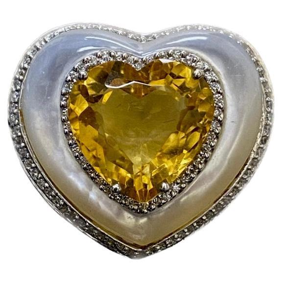 18K White Gold Halo Diamond Heart Citrine Mother of Pearl Cocktail Ring For Sale