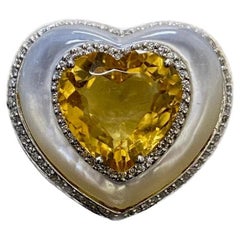 18K White Gold Halo Diamond Heart Citrine Mother of Pearl Cocktail Ring