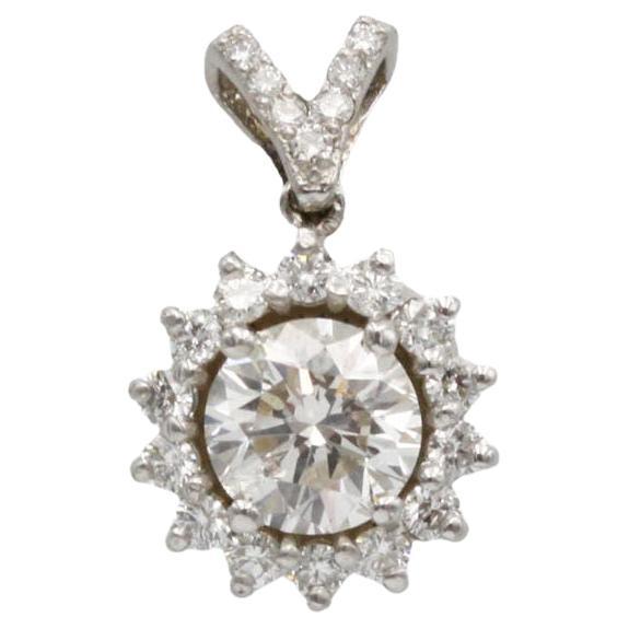 18K White Gold Halo Diamond Solitaire Pendant